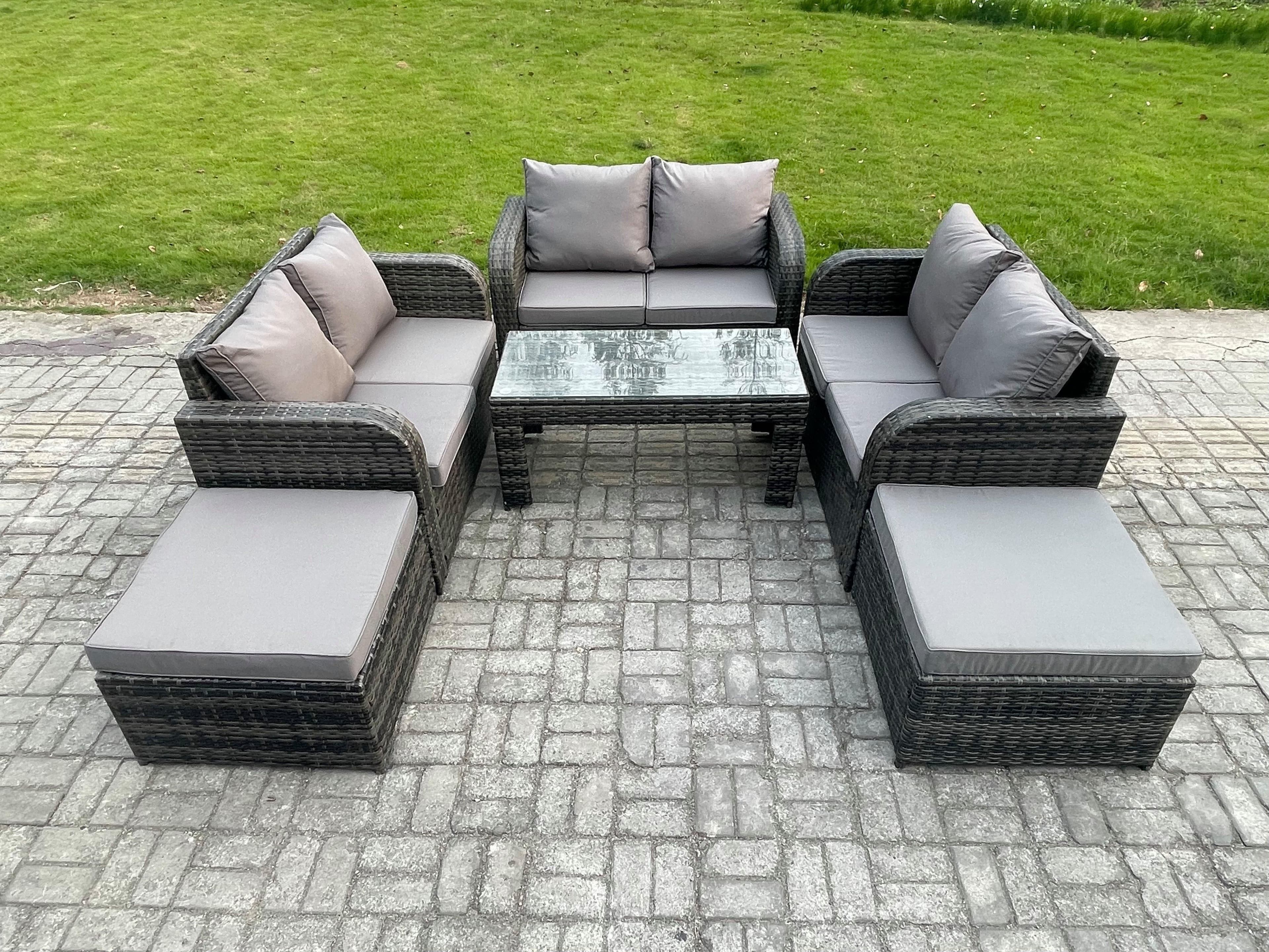 Rattan Wicker Garden Furniture Patio Conservatory Sofa Set Rectangular Coffee Table Reclining Chair Love Sofa 2 Big Footstool