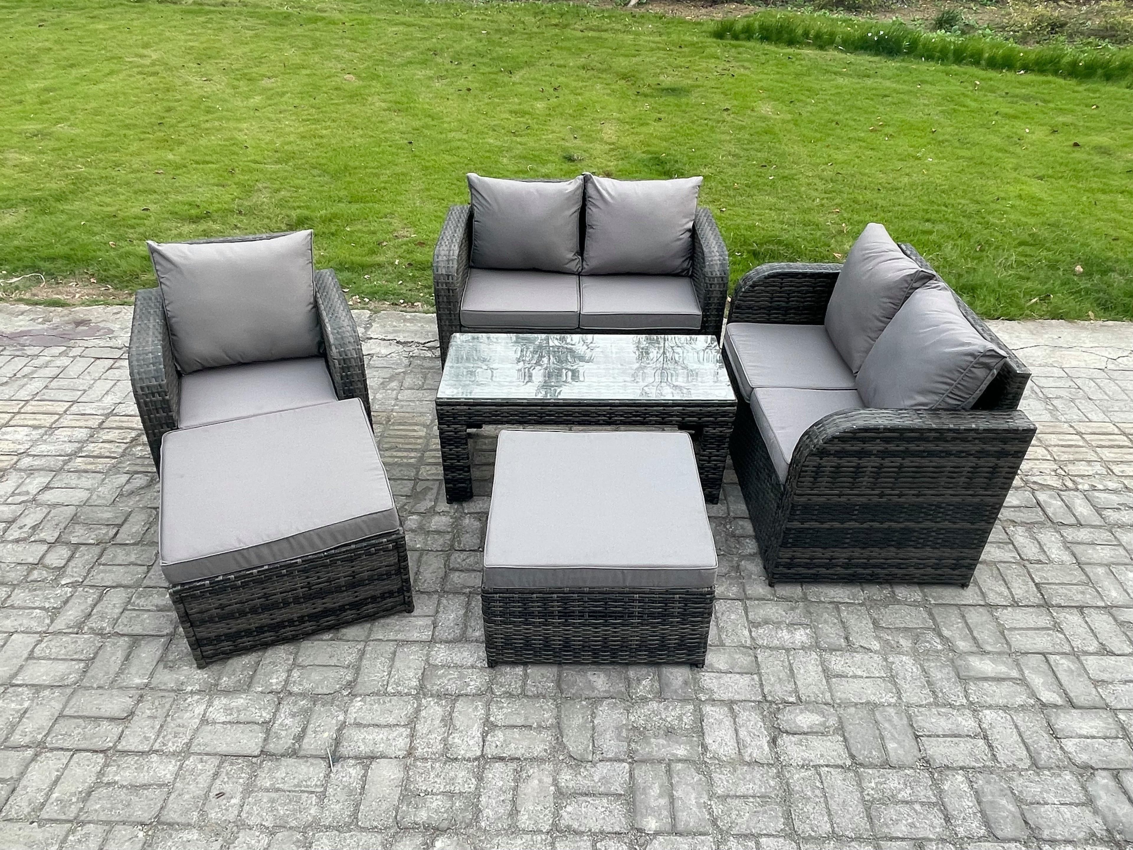 7 Seater Rattan Wicker Garden Furniture Patio Conservatory Sofa Set Rectangular Coffee Table Reclining Chair Love Sofa 2 Big Footstool