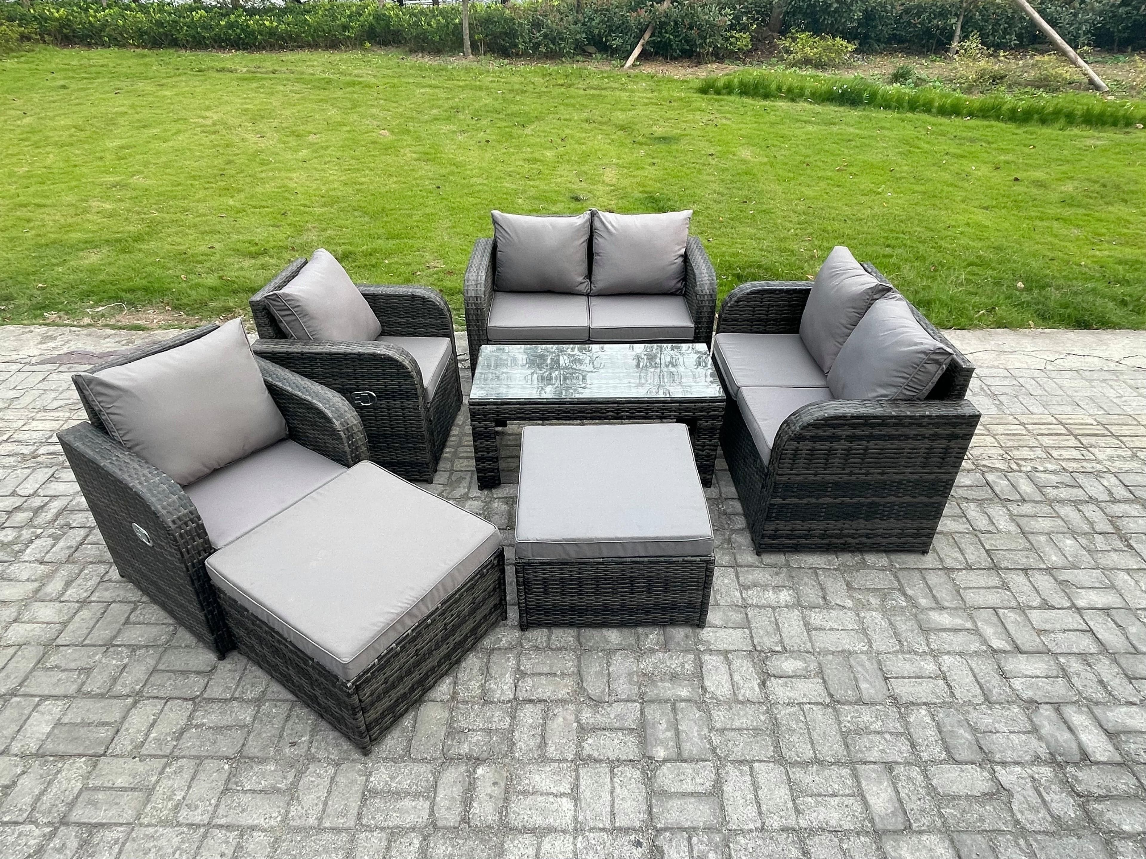 8 Seater Rattan Wicker Garden Furniture Patio Conservatory Sofa Set Rectangular Coffee Table Reclining Chair Love Sofa 2 Big Footstool