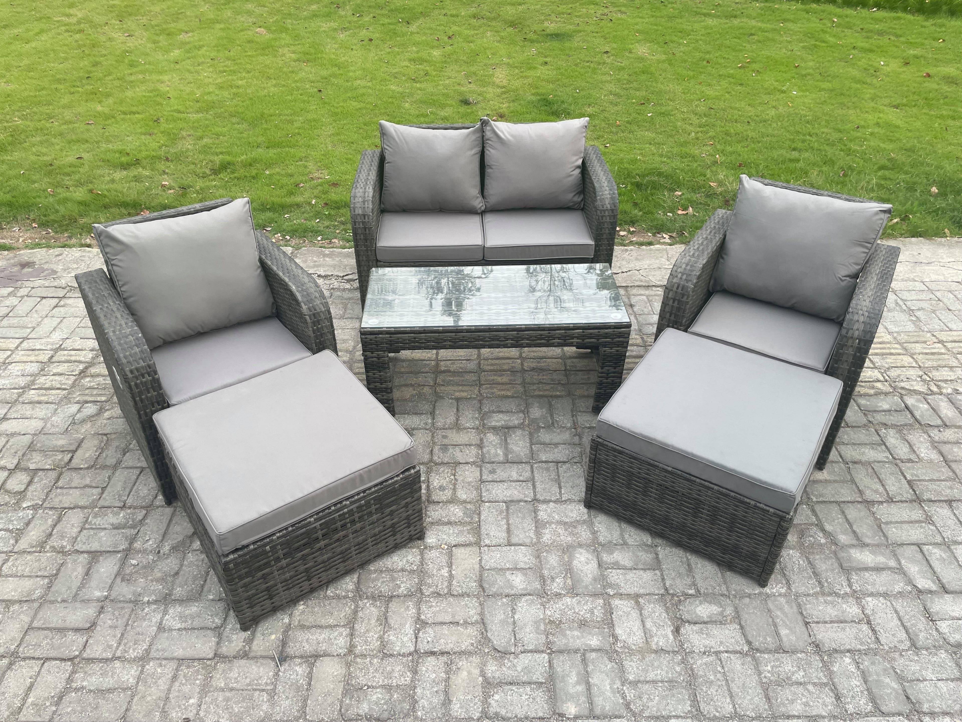 6 Seater Rattan Wicker Garden Furniture Patio Conservatory Sofa Set Rectangular Coffee Table Reclining Chair Love Sofa 2 Big Footstool
