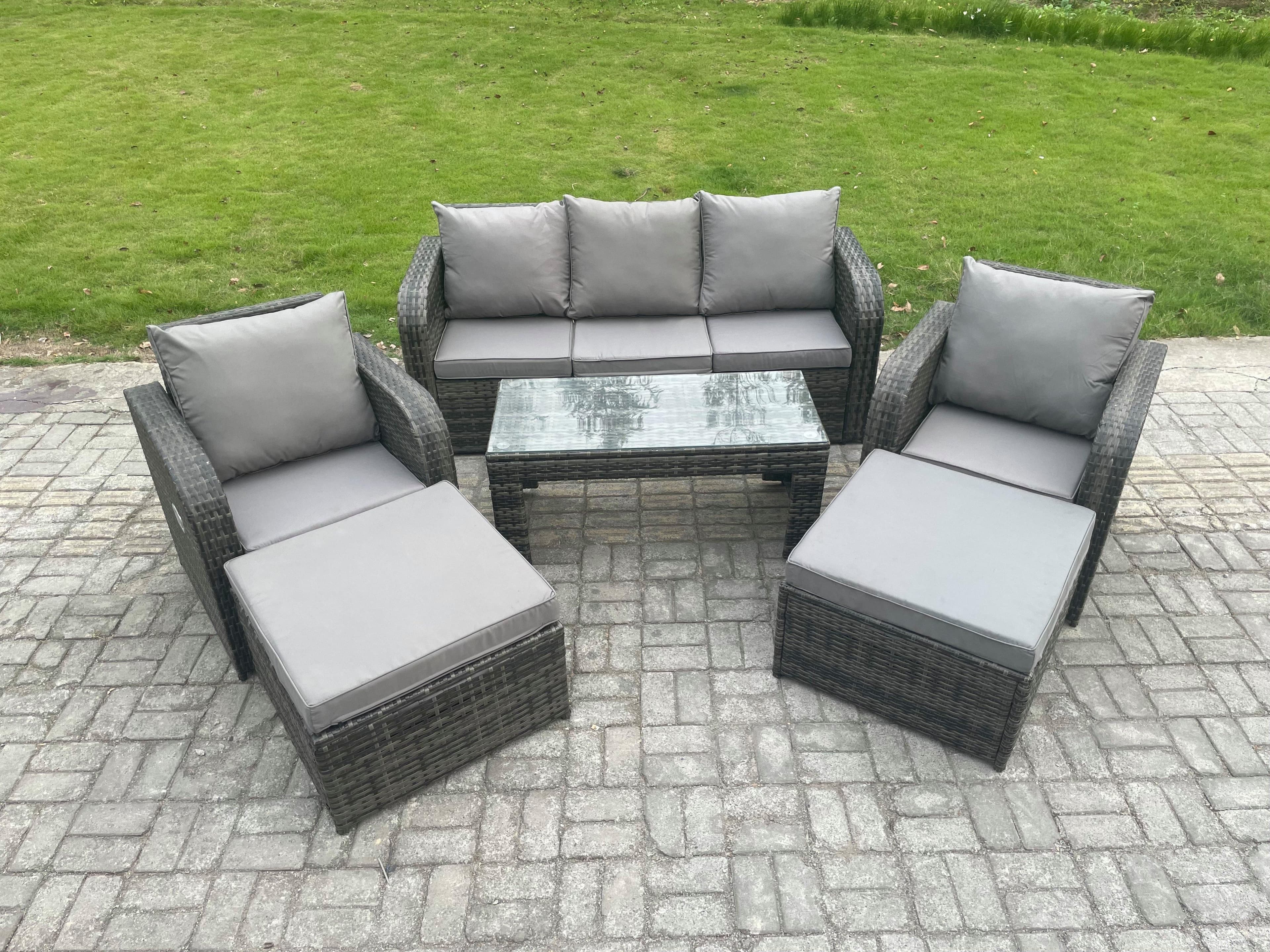 7 Seater Rattan Wicker Garden Furniture Patio Conservatory Sofa Set Rectangular Coffee Table Reclining Chair 2 Big Footstool