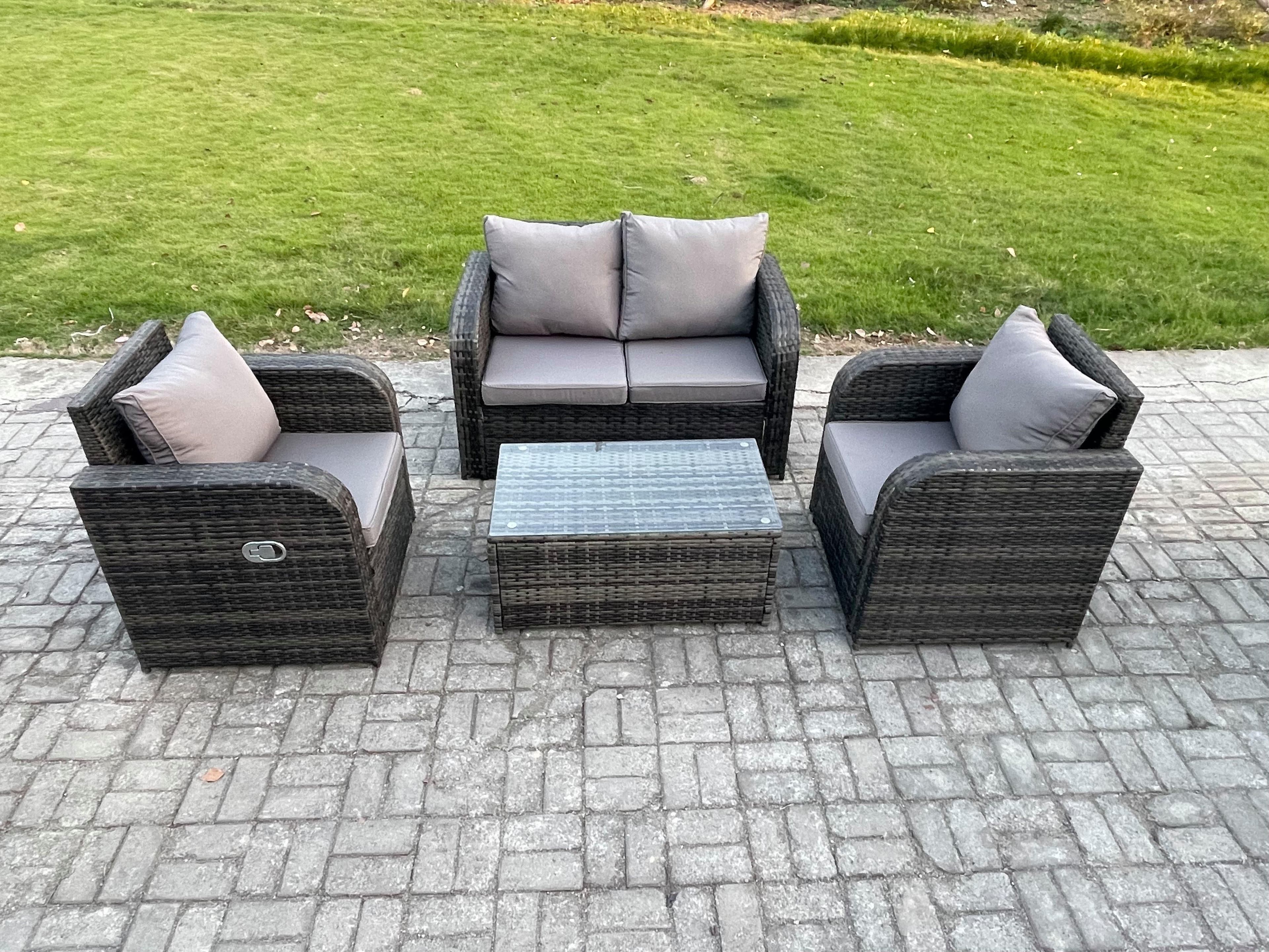 4 PC Outdoor PE Rattan Garden Furniture Set Wicker Love Sofa Coffee Table 2 Armchair Dark Grey Mixed