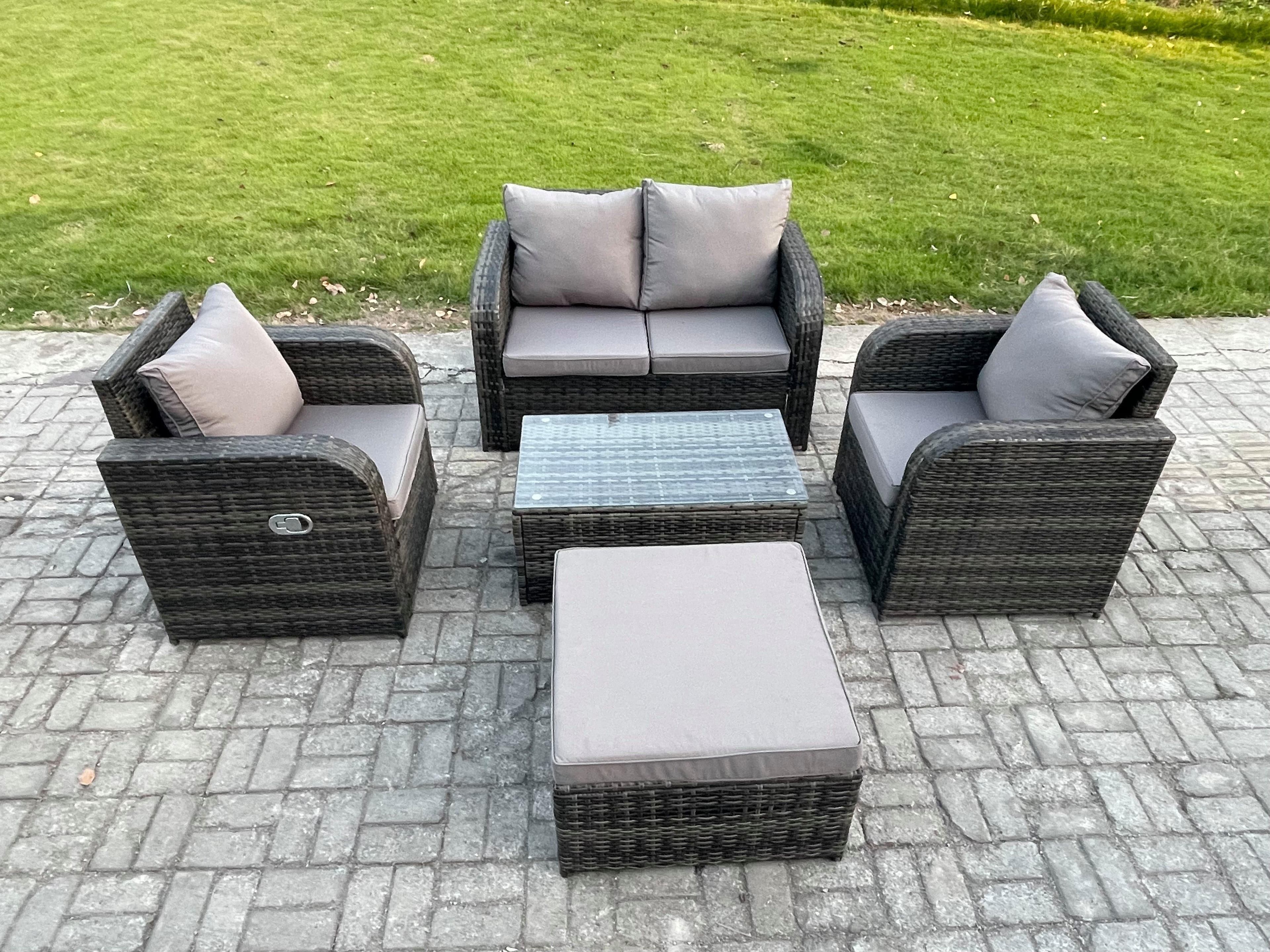 5 PC Outdoor PE Rattan Garden Furniture Set Wicker Love Sofa Coffee Table 2 Armchair Big Footstool Dark Grey Mixed