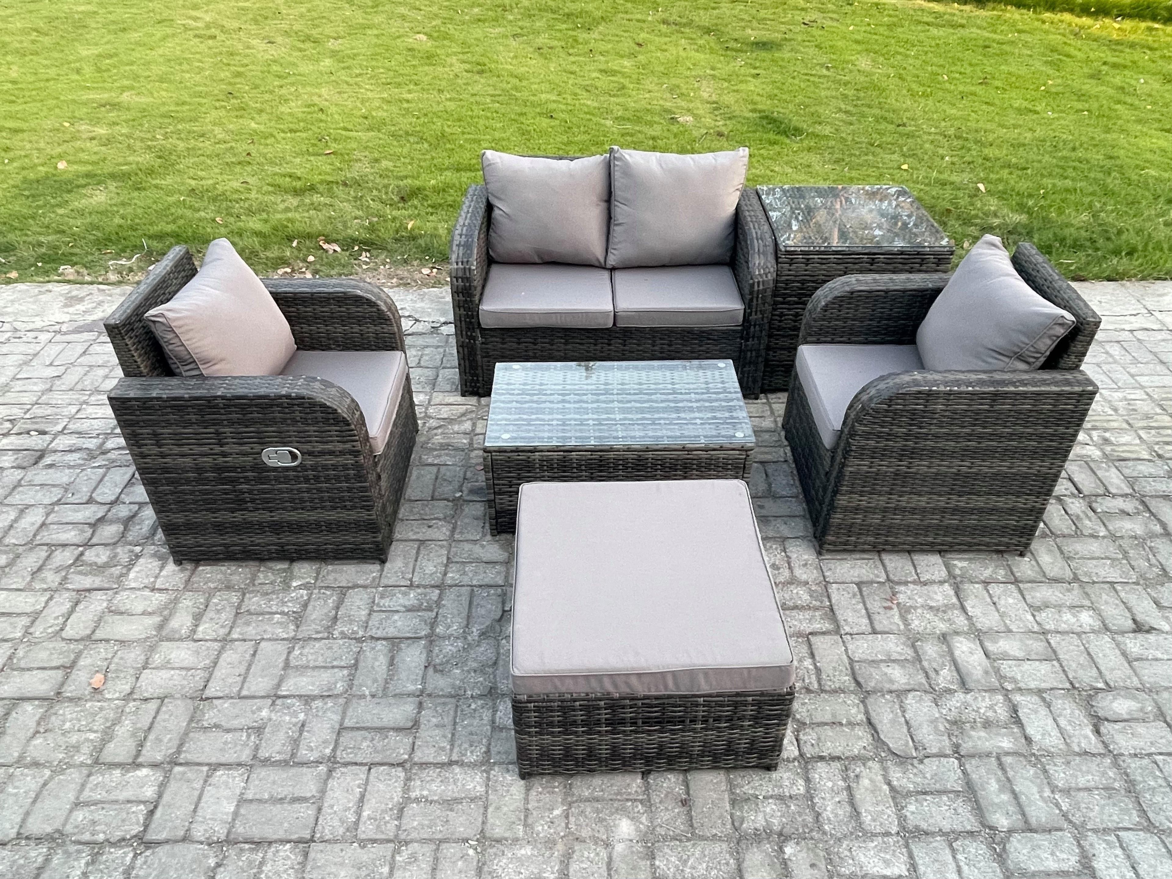 6 PC Outdoor PE Rattan Garden Furniture Set Wicker Love Sofa Coffee Table 2 Armchair Big Footstool Side Table