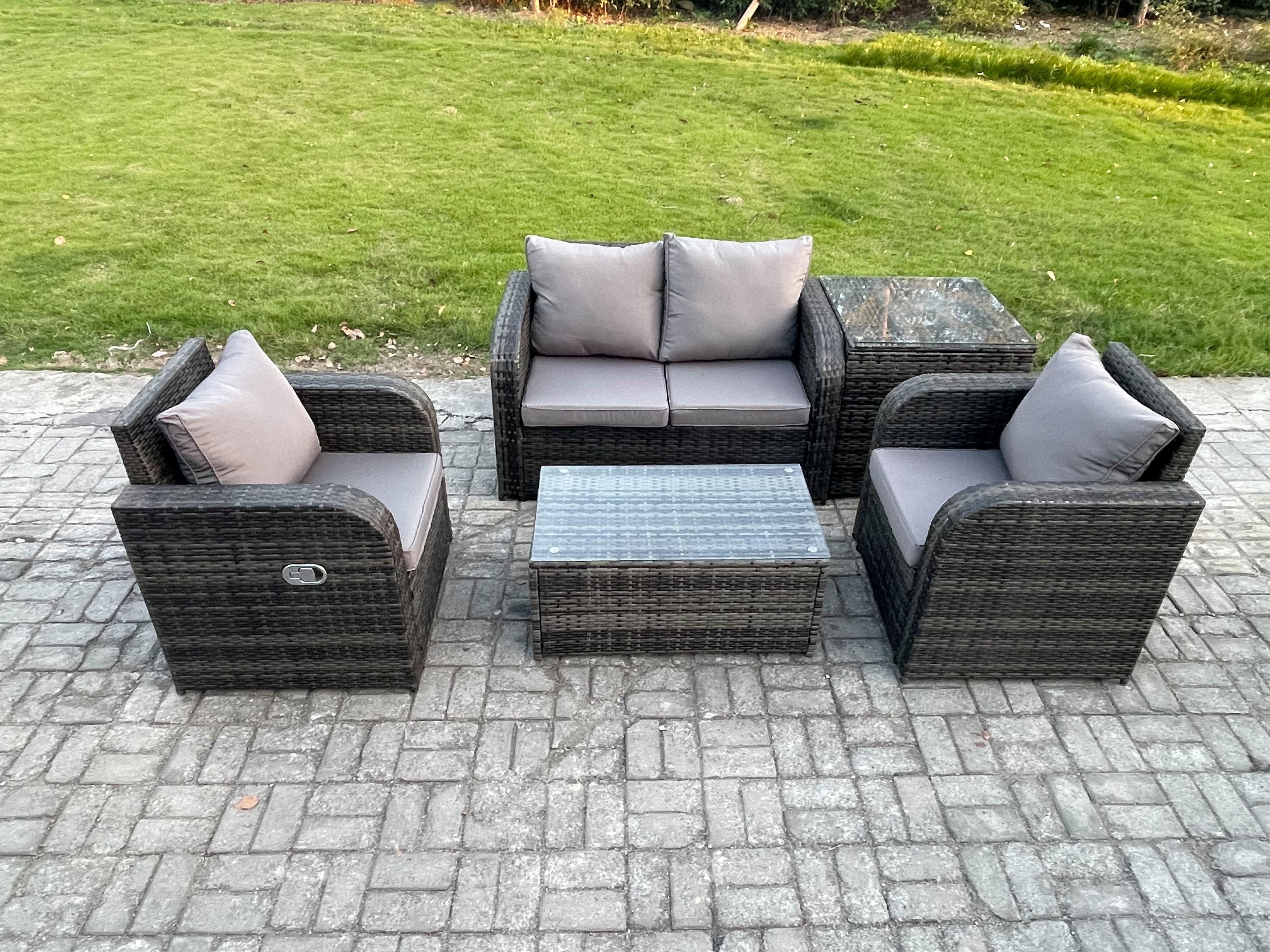 5 PC Outdoor PE Rattan Garden Furniture Set Wicker Love Sofa Coffee Table 2 Armchair Side Table Dark Grey Mixed