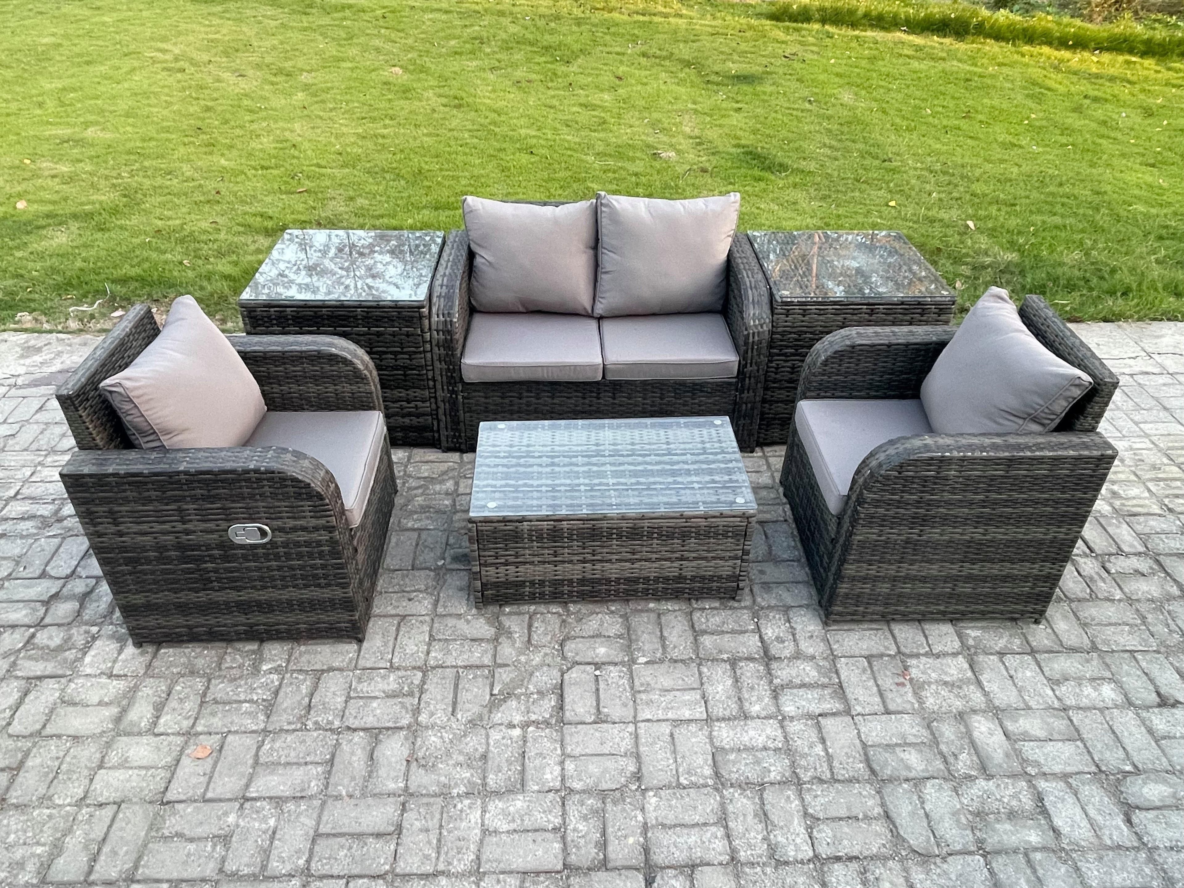 6 PC Outdoor PE Rattan Garden Furniture Set Wicker Love Sofa Coffee Table 2 Armchair 2 Side Tables Dark Grey Mixed