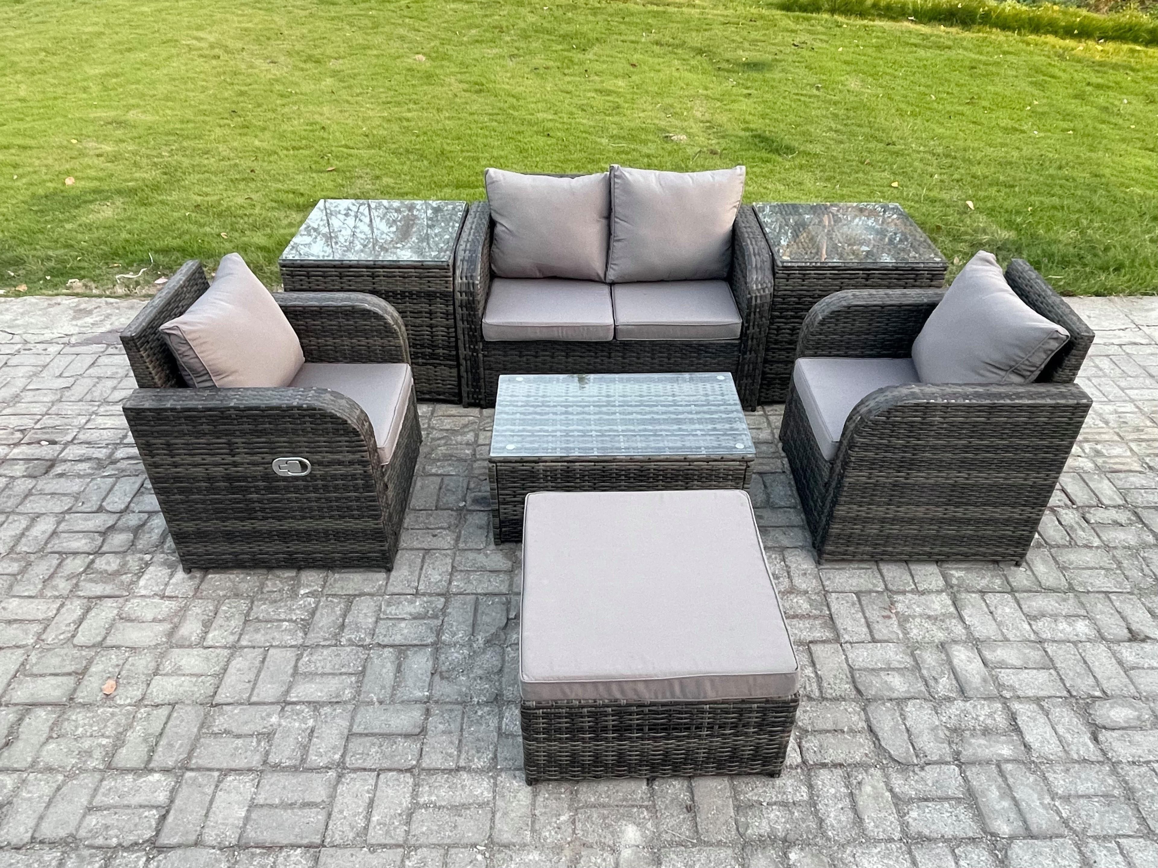 Wicker PE Rattan Outdoor Furniture Set Garden Love Sofa Coffee Table 2 Armchair 2 Side Tables Footstool Dark Grey Mixed