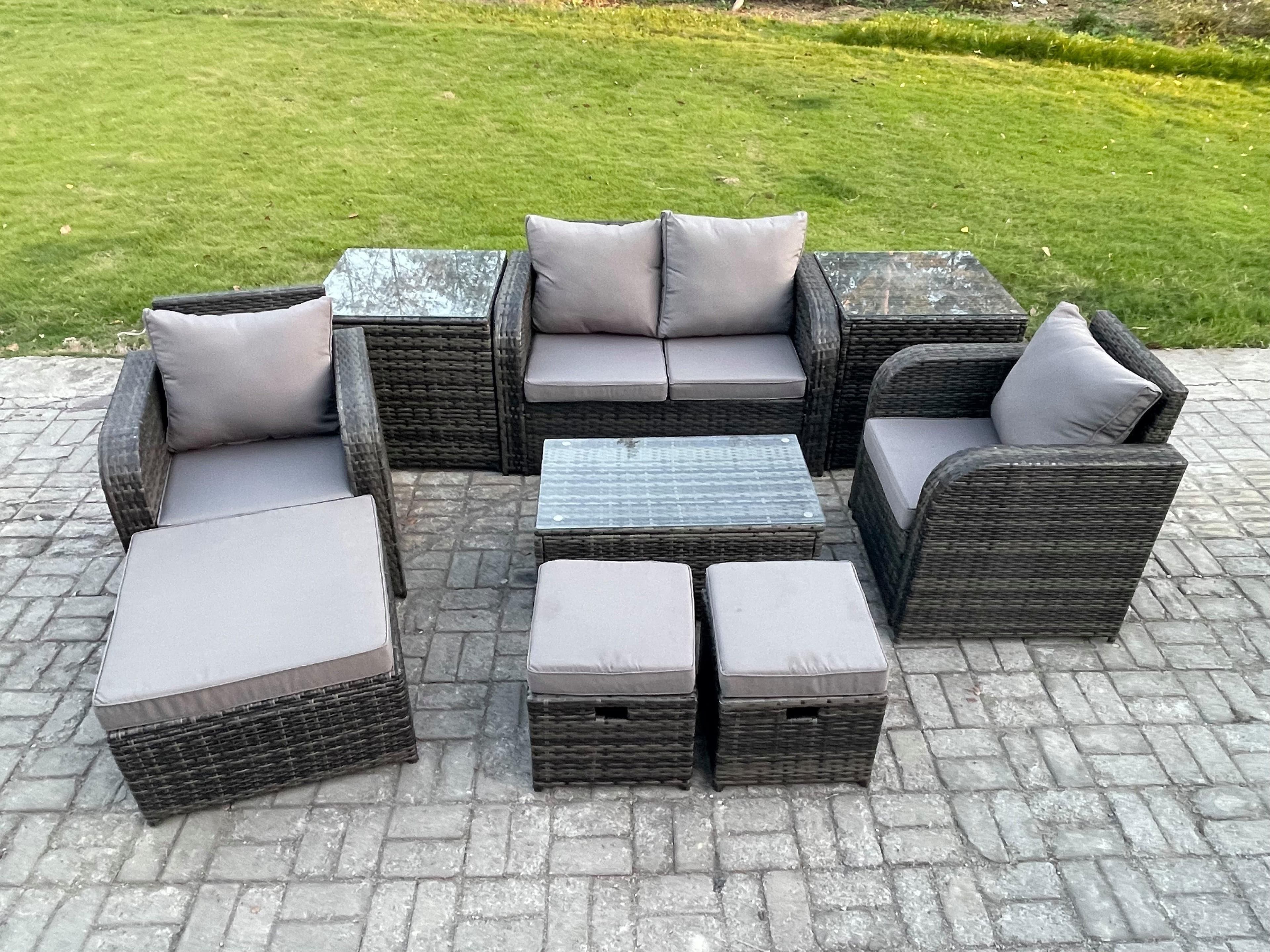 Wicker PE Rattan Outdoor Furniture Set Garden Love Sofa Coffee Table 2 Armchair 3 Footstools 2 Side Tables