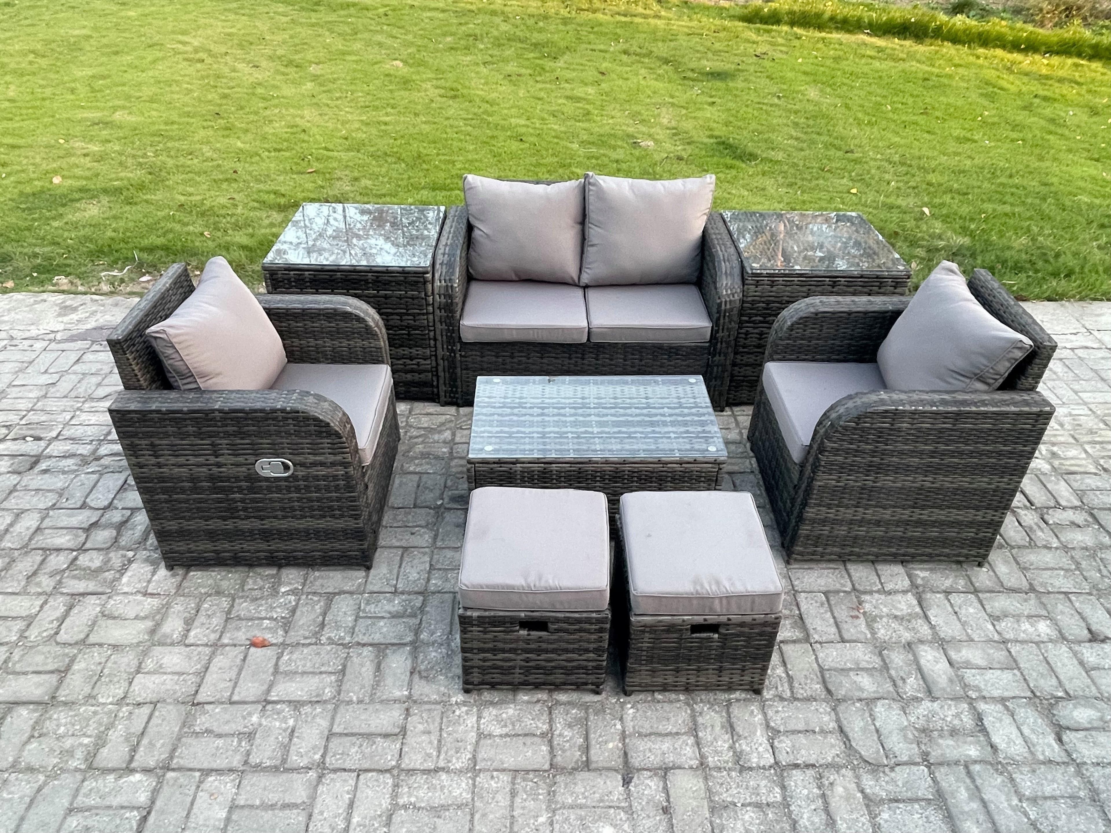 Outdoor Lounge Sofa Set 6 Seater Rattan Garden Furniture Set Rectangular Coffee Table 2 Small Footstools