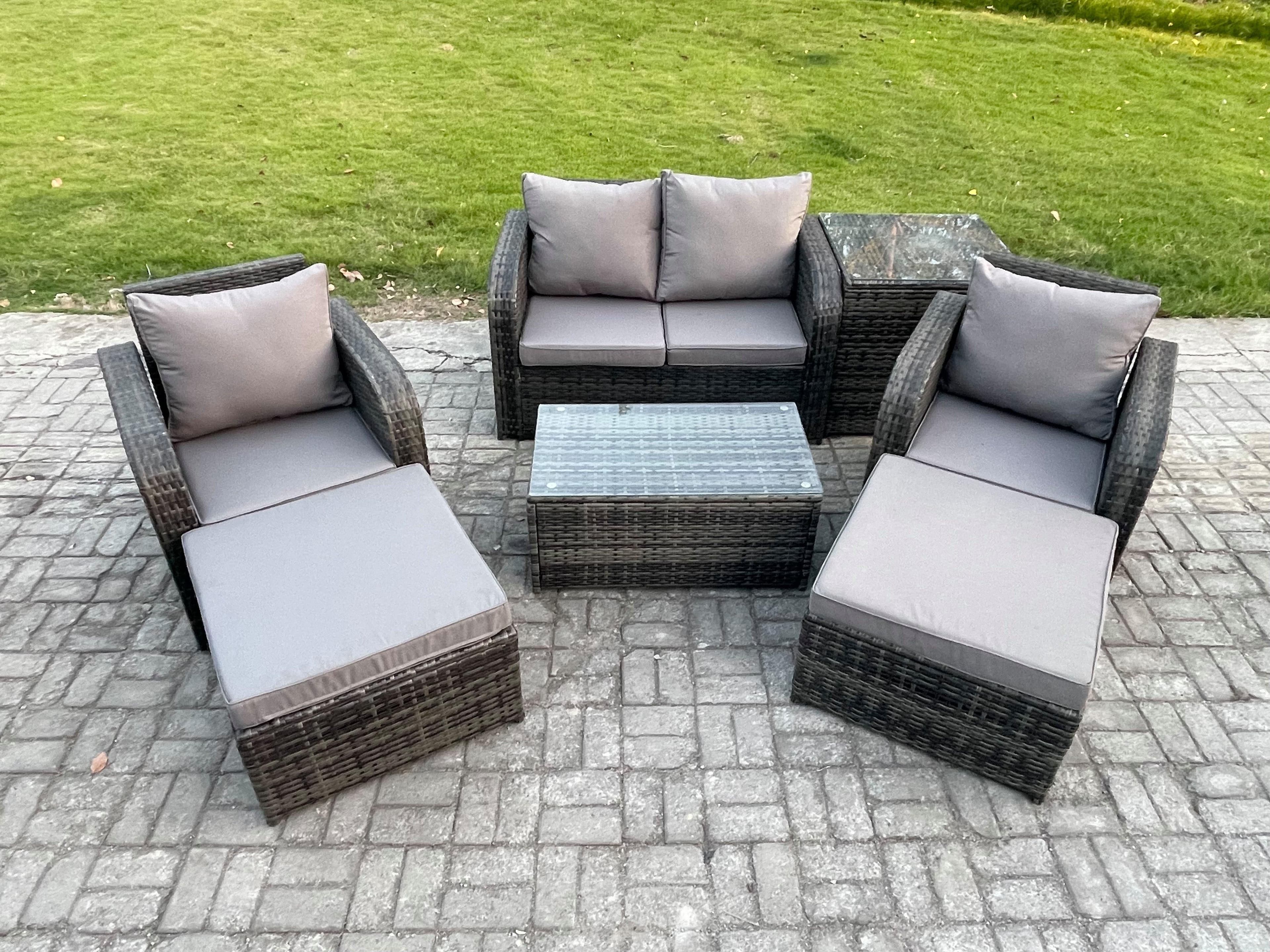Outdoor Lounge Sofa Set Rattan Garden Furniture Set Rectangular Coffee Table 2 Big Footstool Side Table