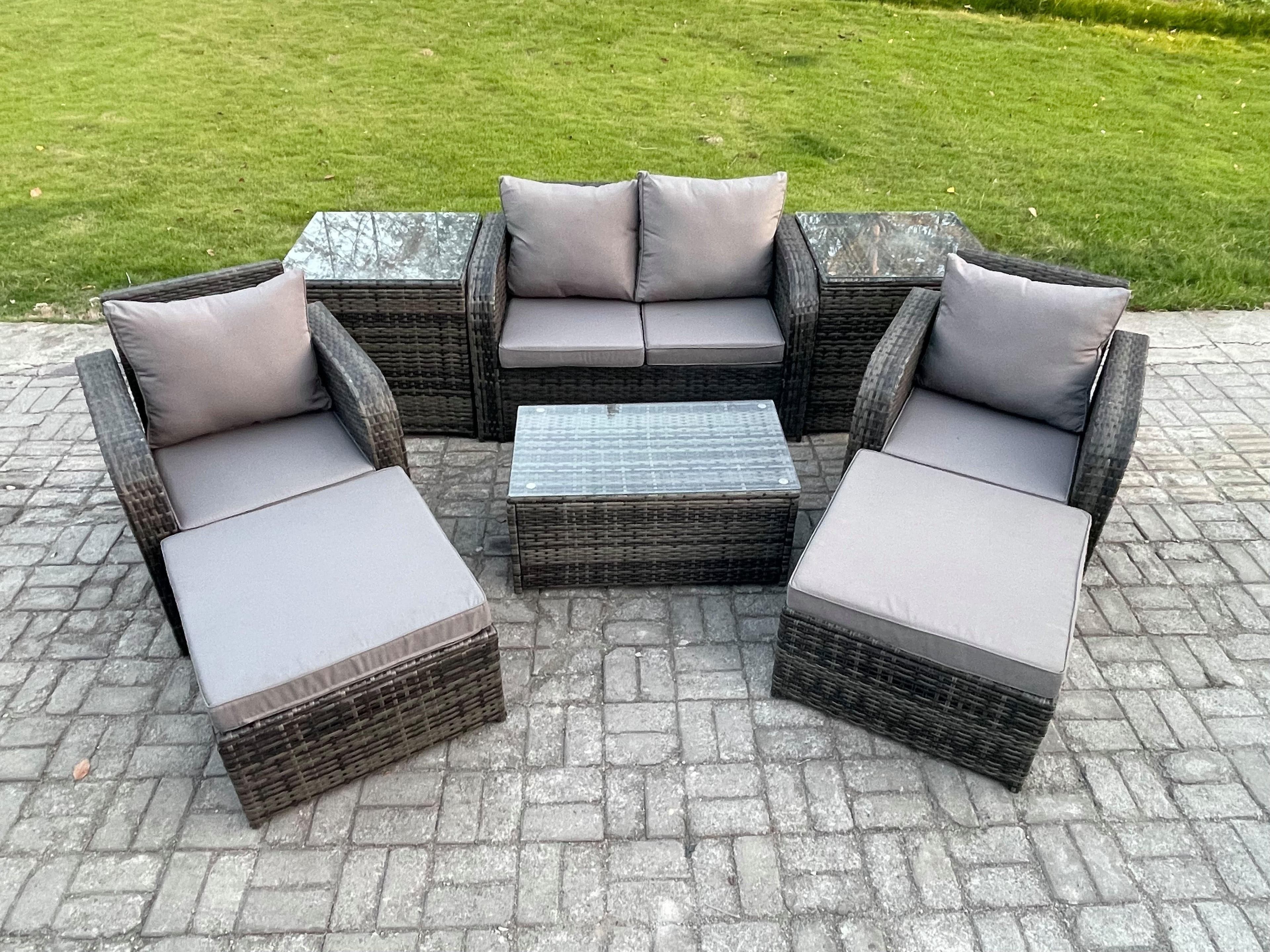 6 Seater Outdoor Lounge Sofa Set Rattan Garden Furniture Set Rectangular Coffee Table 2 Big Footstool