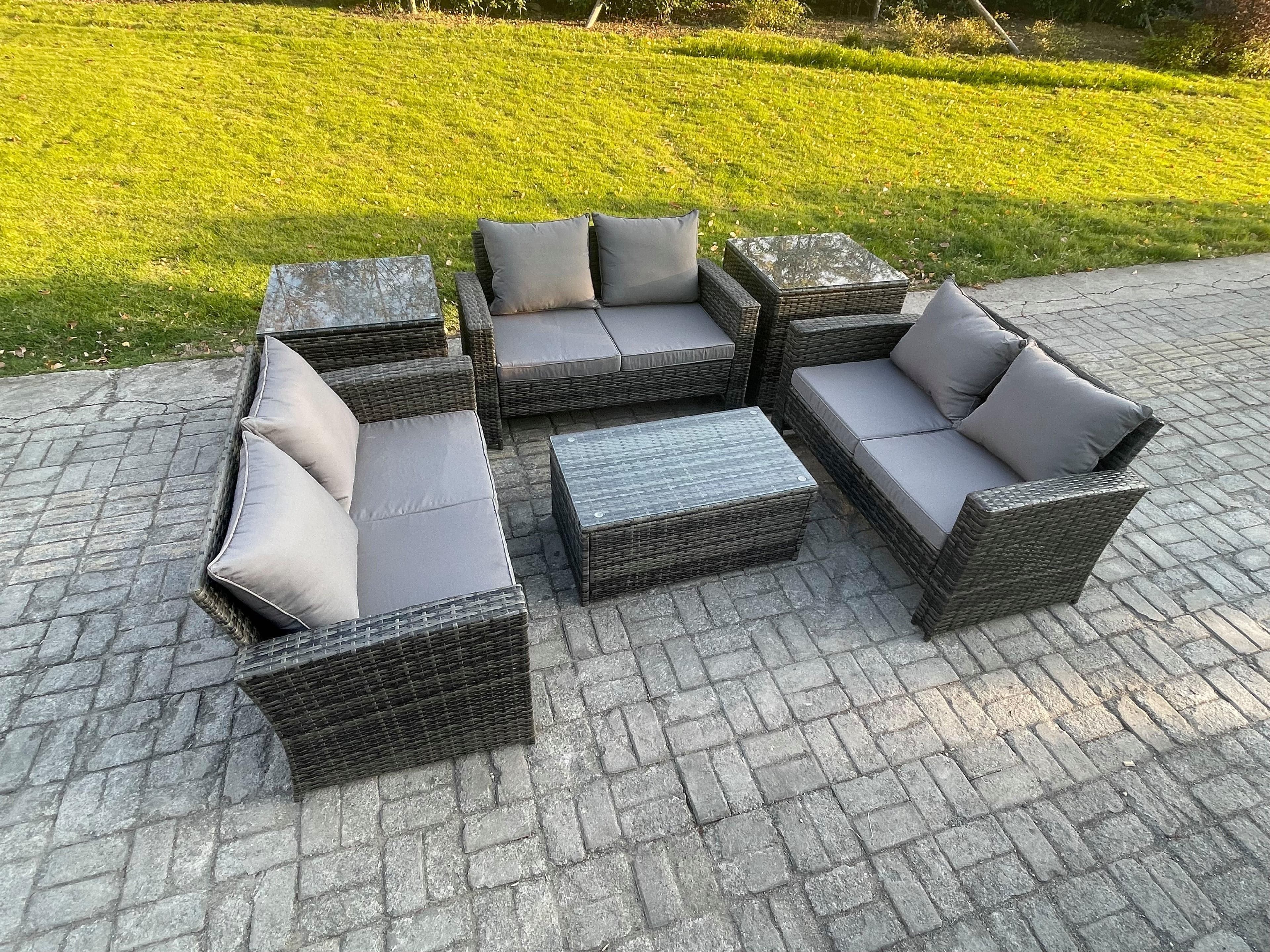 Dark Grey 6 Seater Outdoor Rattan Garden Furniture Set Patio Love Sofa Rectangular Coffee Table Set 2 Side Tables