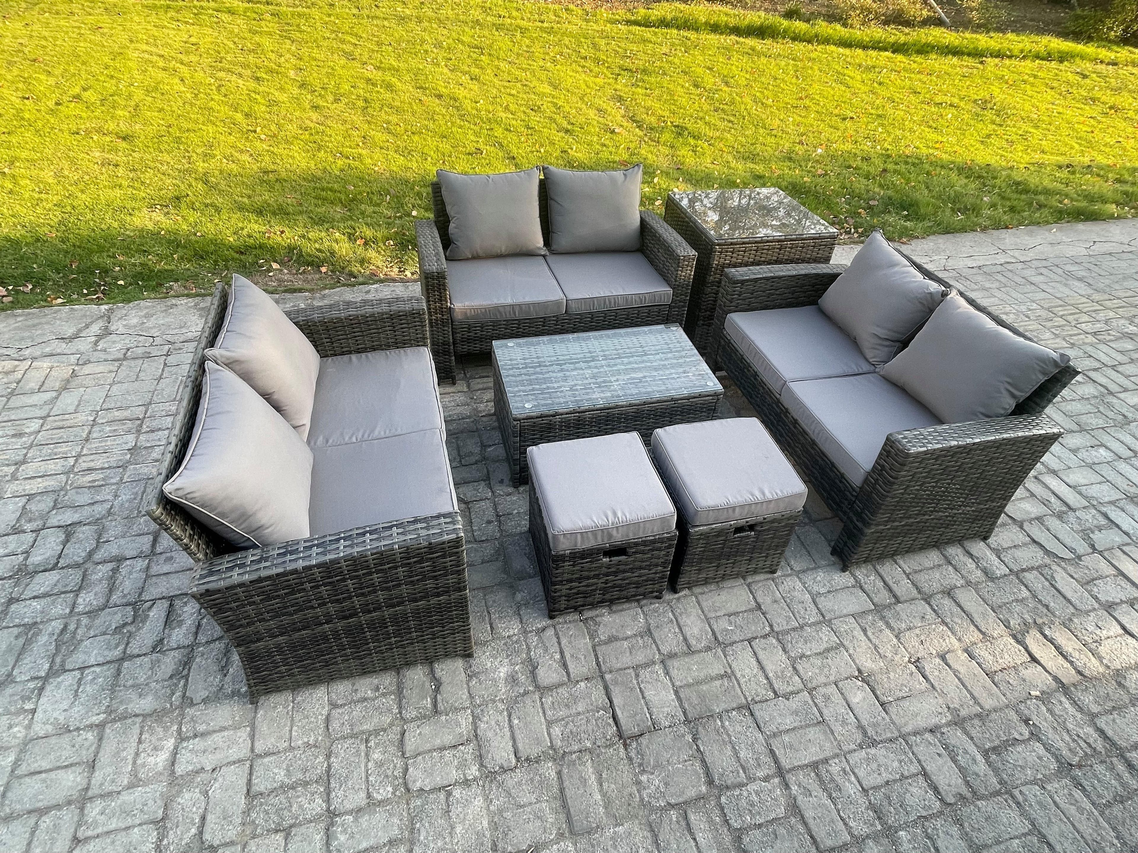 7pc Rattan Sofa Garden Furniture Outdoor Patio Set Side Table 2 Small Footstools Double Seat Sofa Dark Grey Mixed