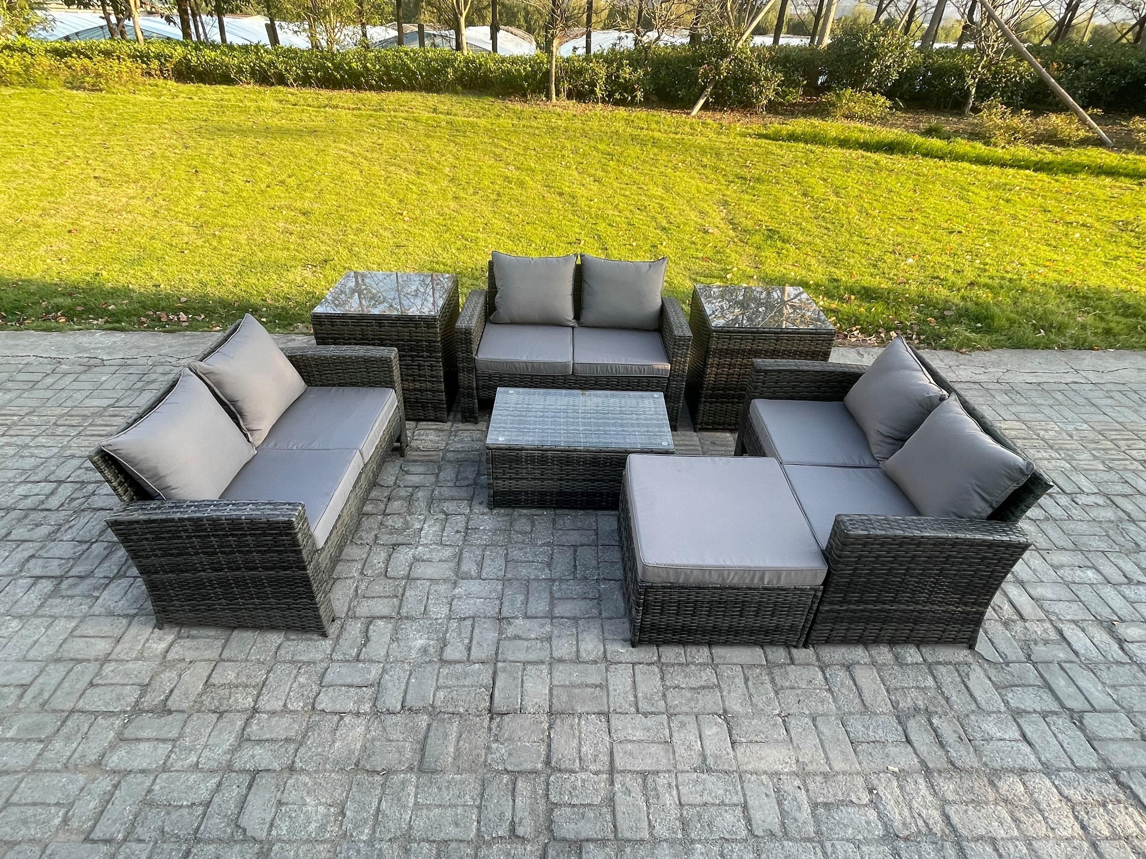 7pc Rattan Sofa Garden Furniture Outdoor Patio Set 2 Side Tables Big Footstool Double Seat Sofa Dark Grey Mixed