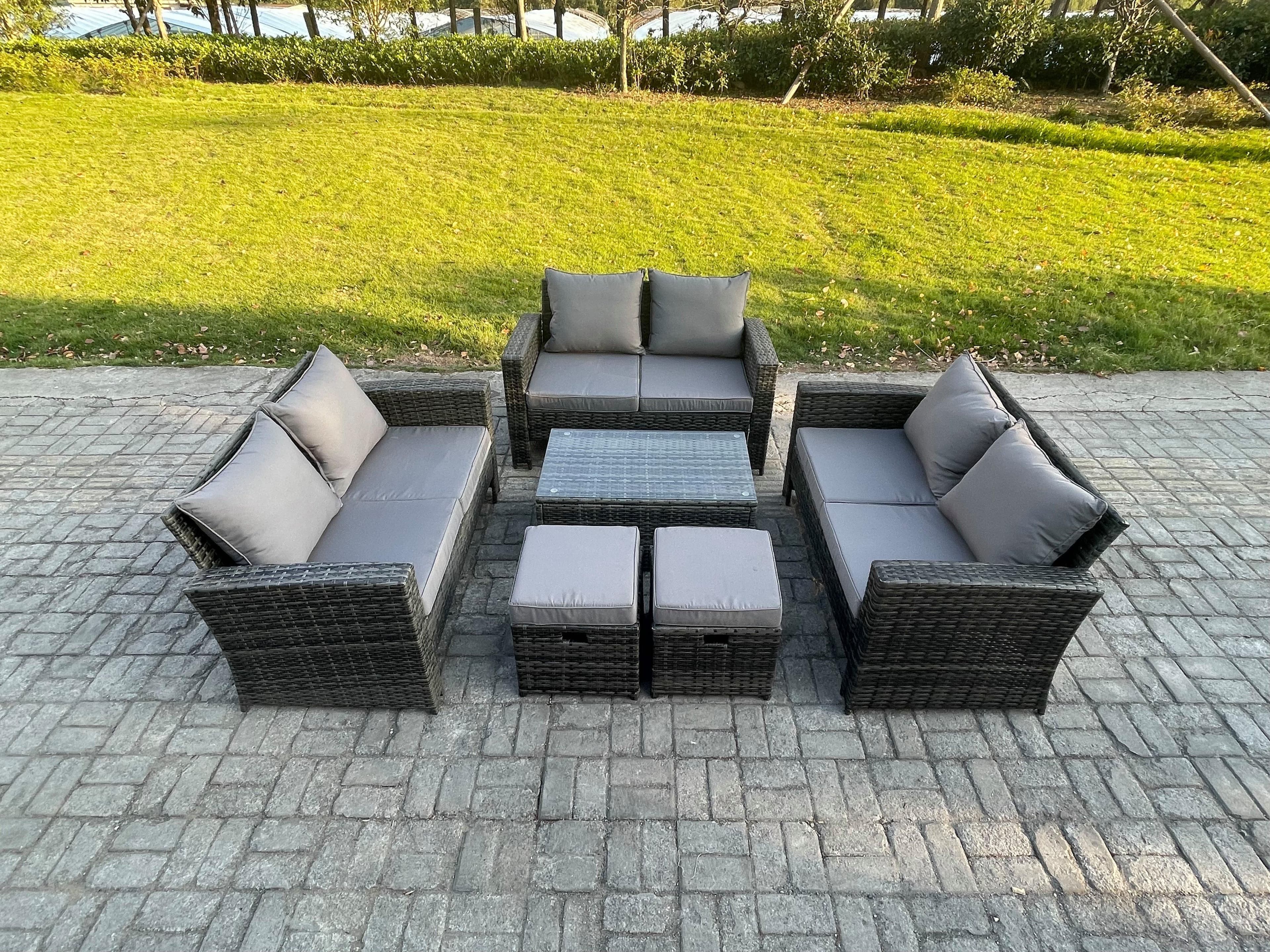 6pc Rattan Sofa Garden Furniture Outdoor Patio Set 2 Small Footstools Double Seat Sofa Dark Grey Mixed