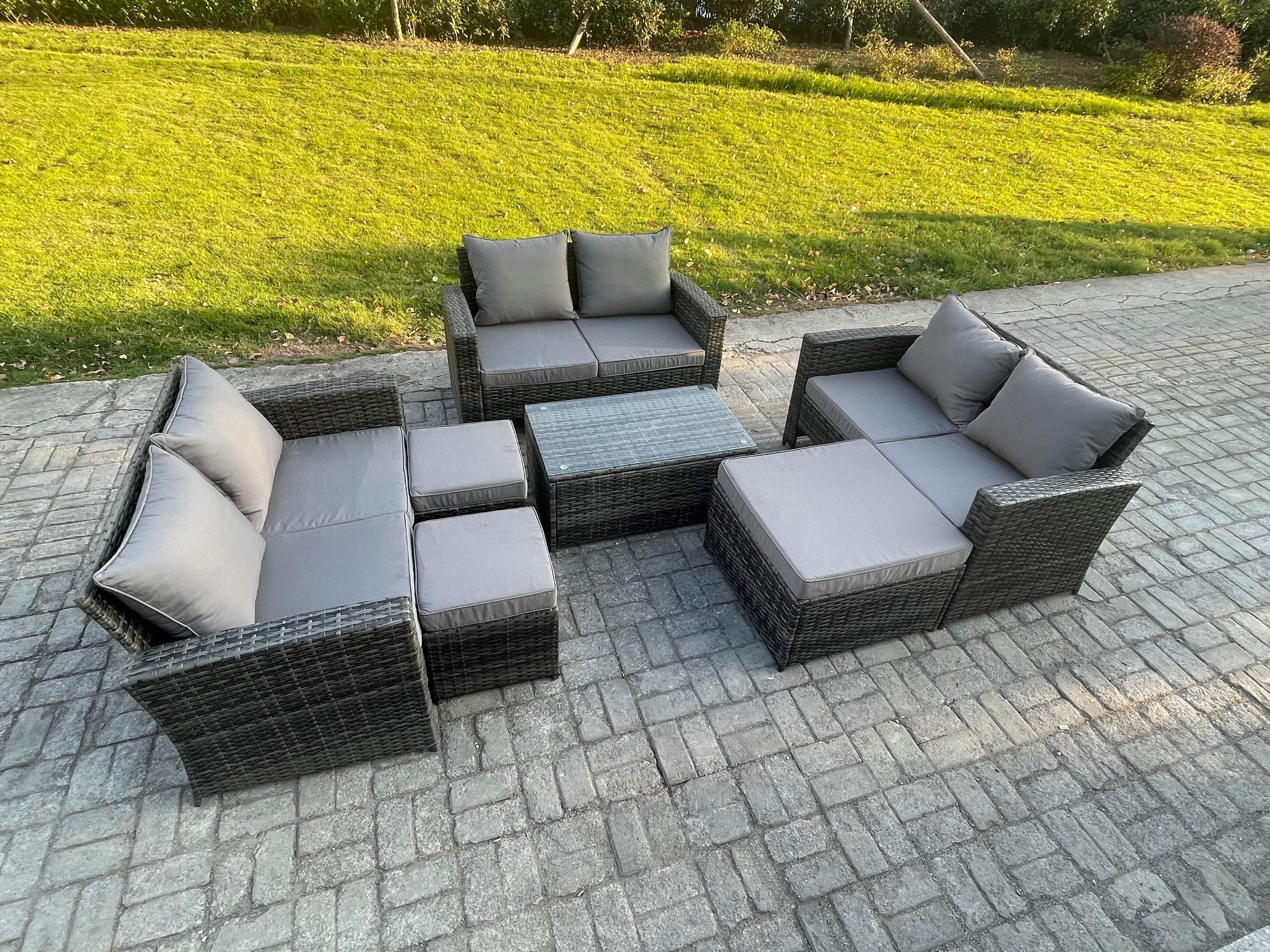7pc Rattan Sofa Garden Furniture Outdoor Patio Set 3 Footstools Double Seat Sofa Dark Grey Mixed