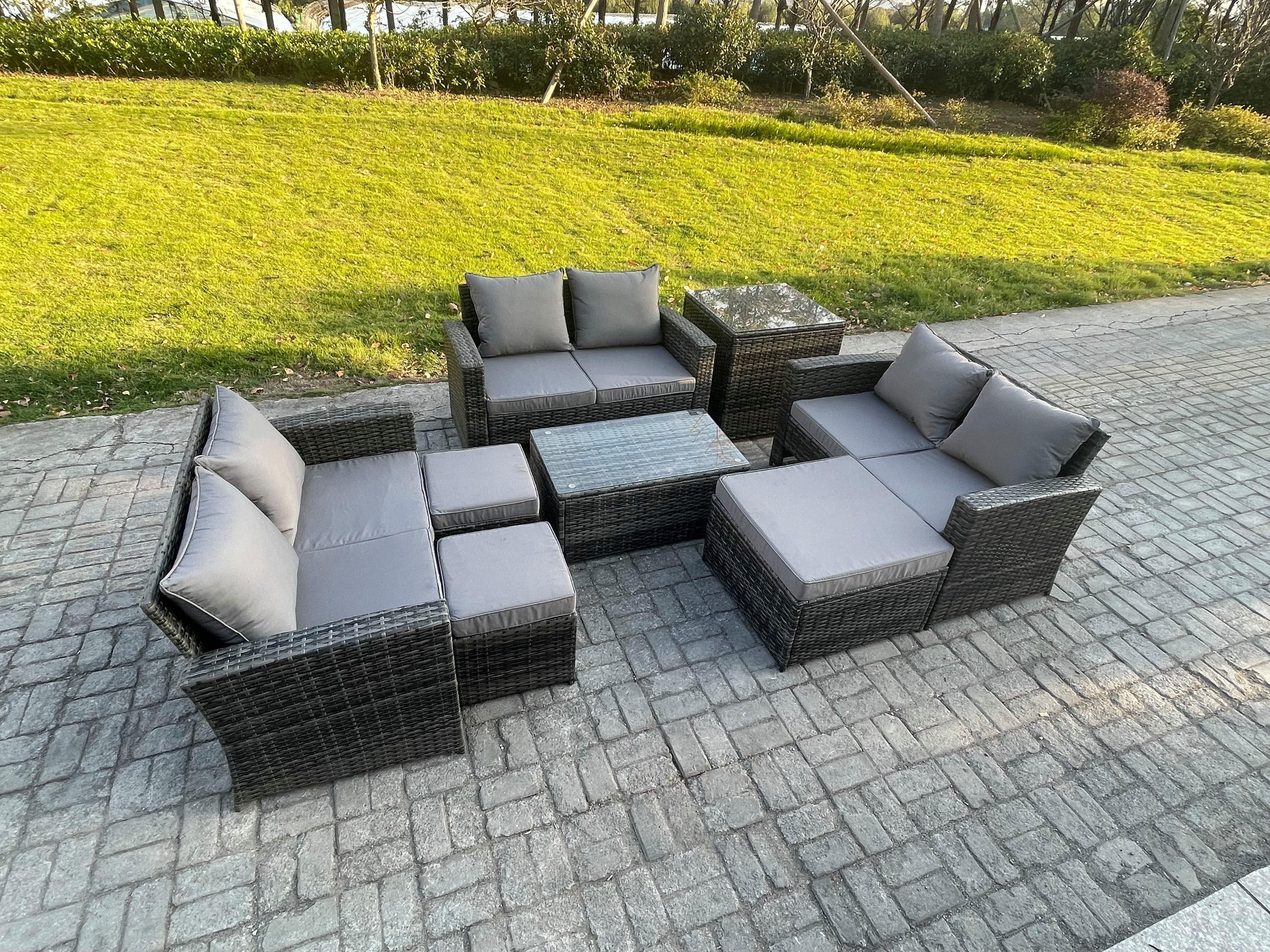 8pc Rattan Sofa Garden Furniture Outdoor Patio Set Side Table 3 Footstools Double Seat Sofa Dark Grey Mixed