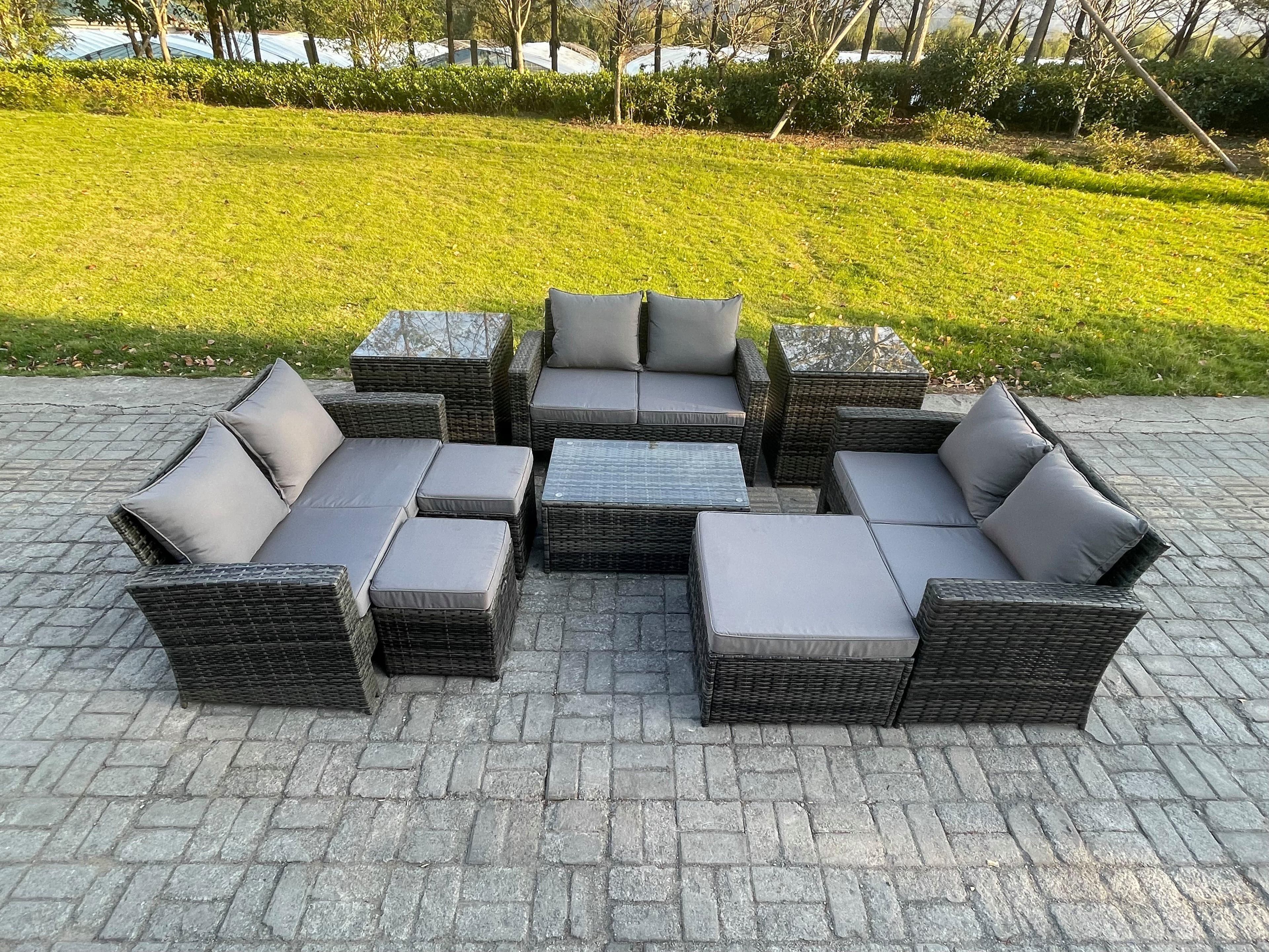 9pc Rattan Sofa Garden Furniture Outdoor Patio Set 2 Side Tables 3 Footstools Love Seat Sofa Dark Grey Mixed