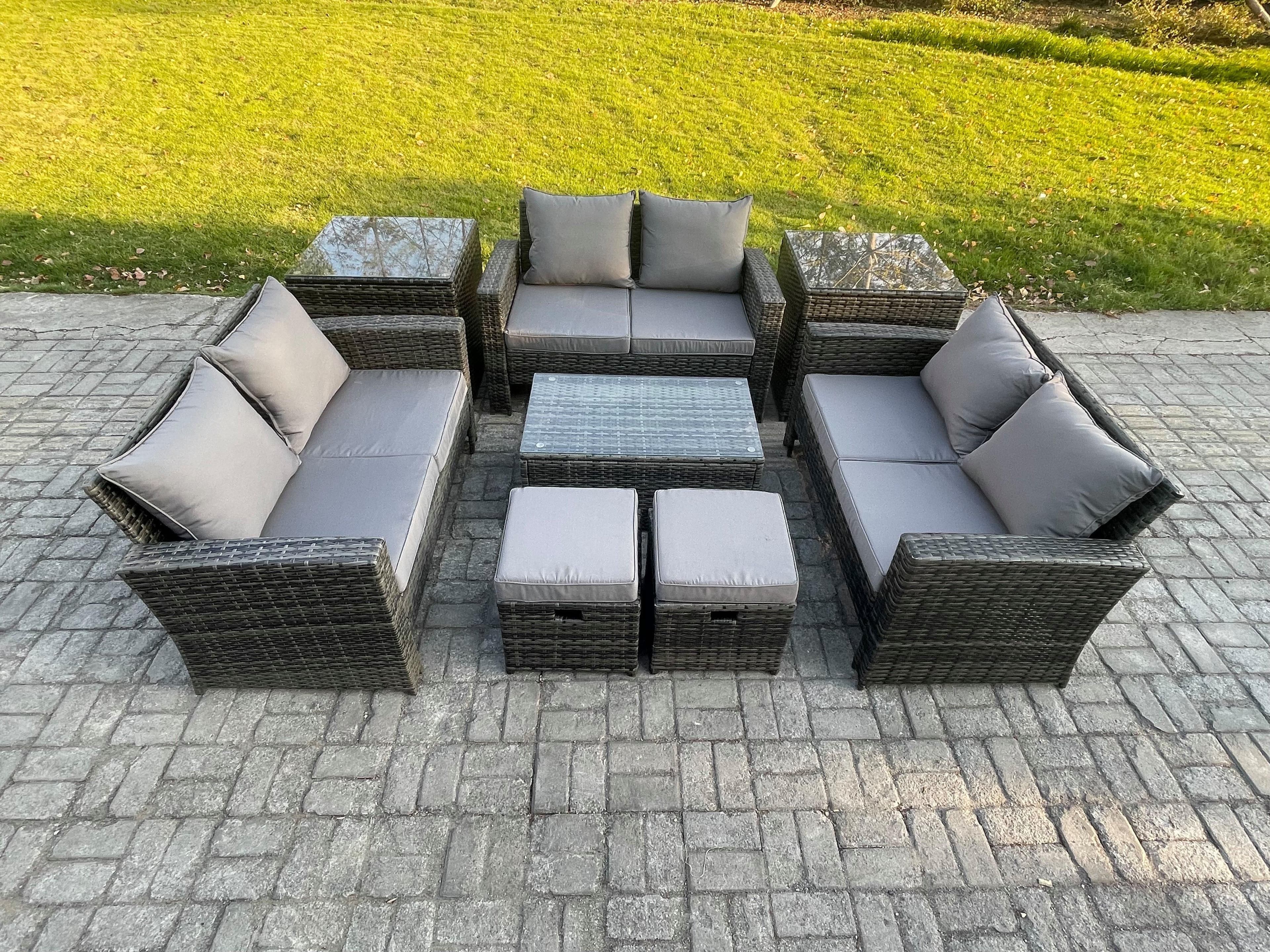 8pc Rattan Sofa Garden Furniture Outdoor Patio Set 2 Side Tables 2 Small Footstools Love Seat Sofa Dark Grey