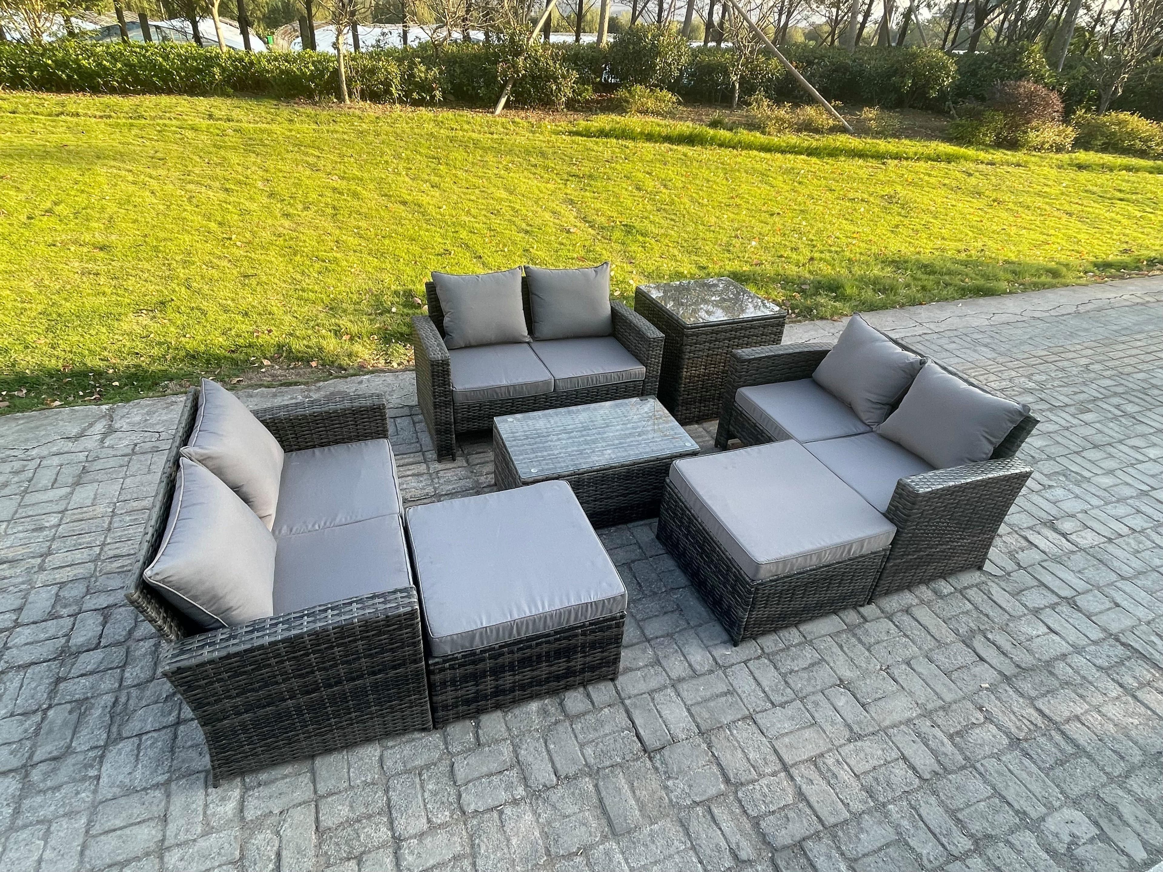 7 pc Rattan Sofa Garden Furniture Outdoor Patio Set Side Tables 2 Big Footstool Love Seat Sofa Dark Grey Mixed