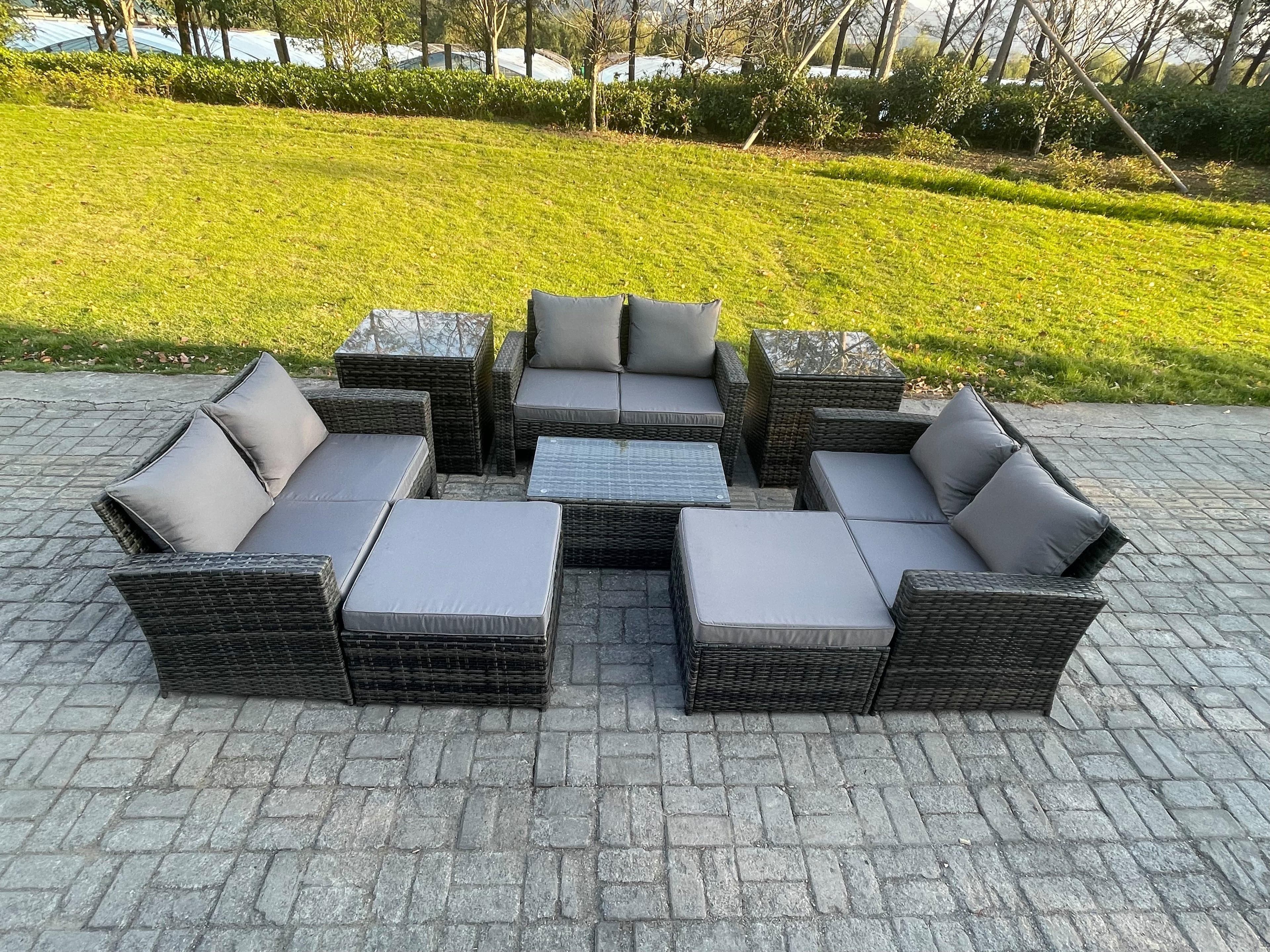 8 pc Rattan Sofa Garden Furniture Outdoor Patio Set 2 Side Tables 2 Big Footstool Love Seat Sofa Dark Grey Mixed