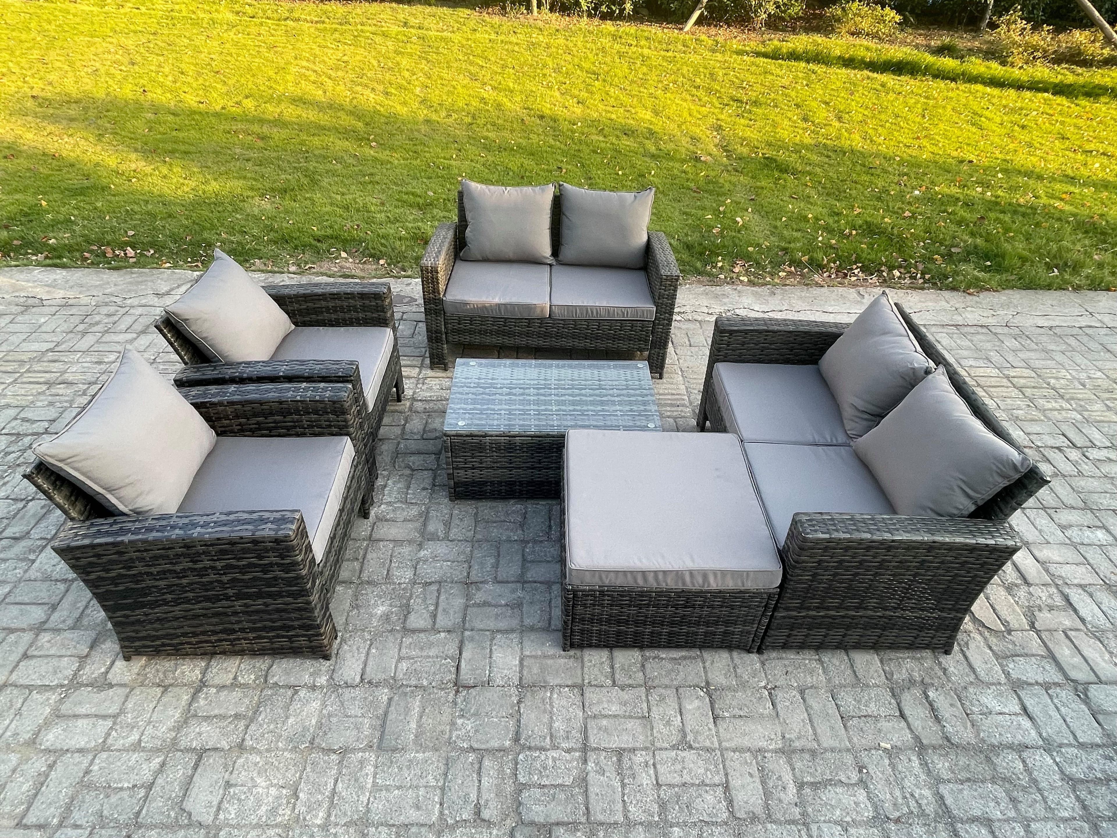 Garden Furniture Sets 6 Pieces Outdoor Rattan Furniture Manual Wicker Patio Sofa Chair Set Coffee Table Big Footstool