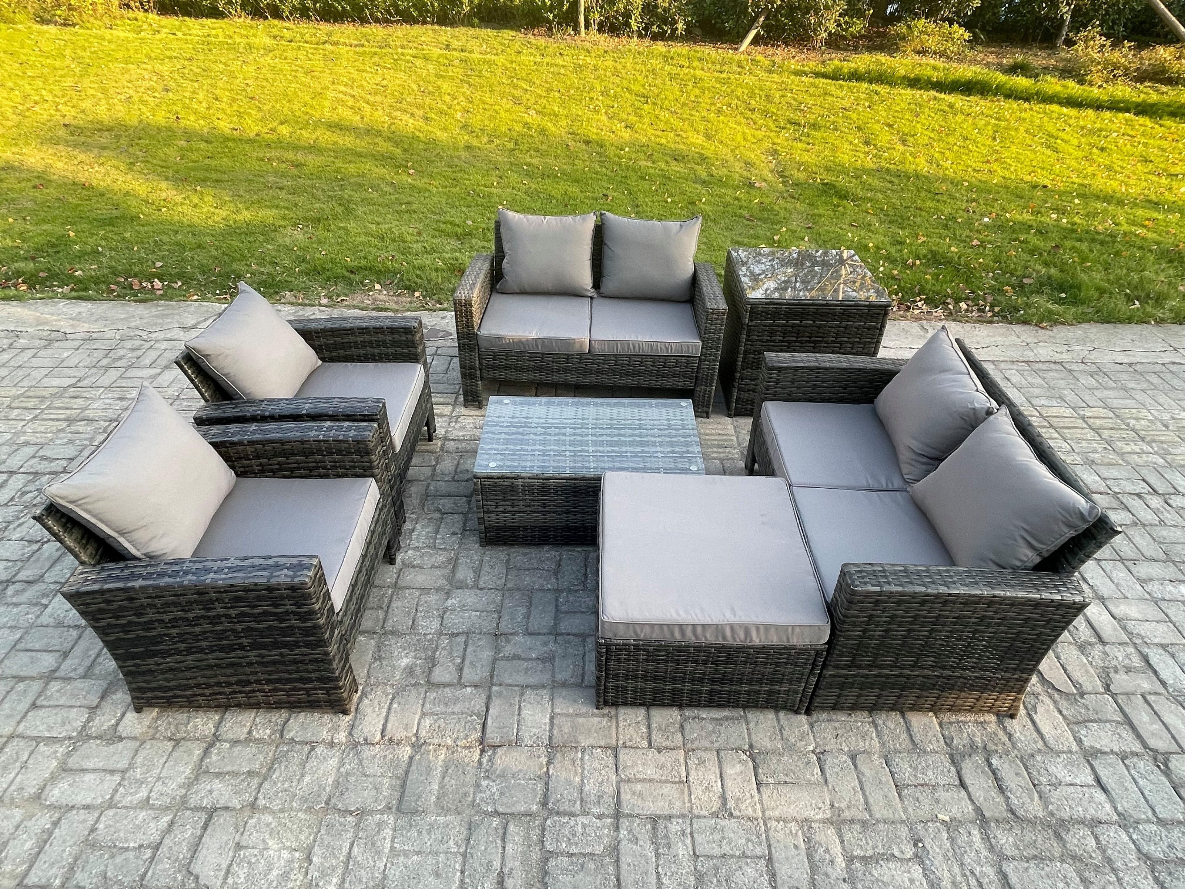 Garden Furniture Sets 7 Pieces Outdoor Rattan Furniture Manual Wicker Patio Sofa Chair Set Coffee Table Big Footstool