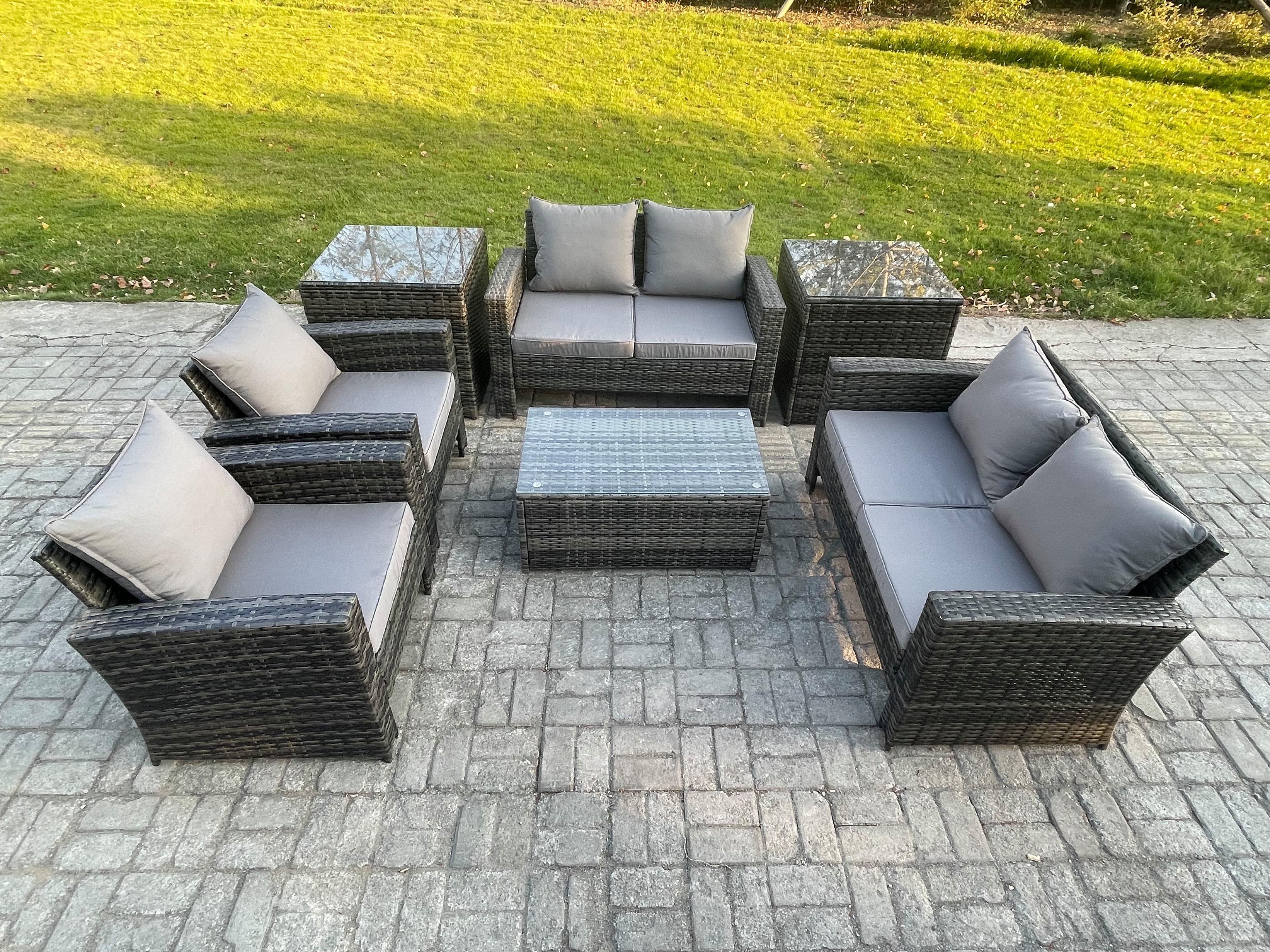 Garden Furniture Sets 7 Pieces Outdoor Rattan Furniture Manual Wicker Patio Sofa Chair Set Coffee Table 2 Side Tables