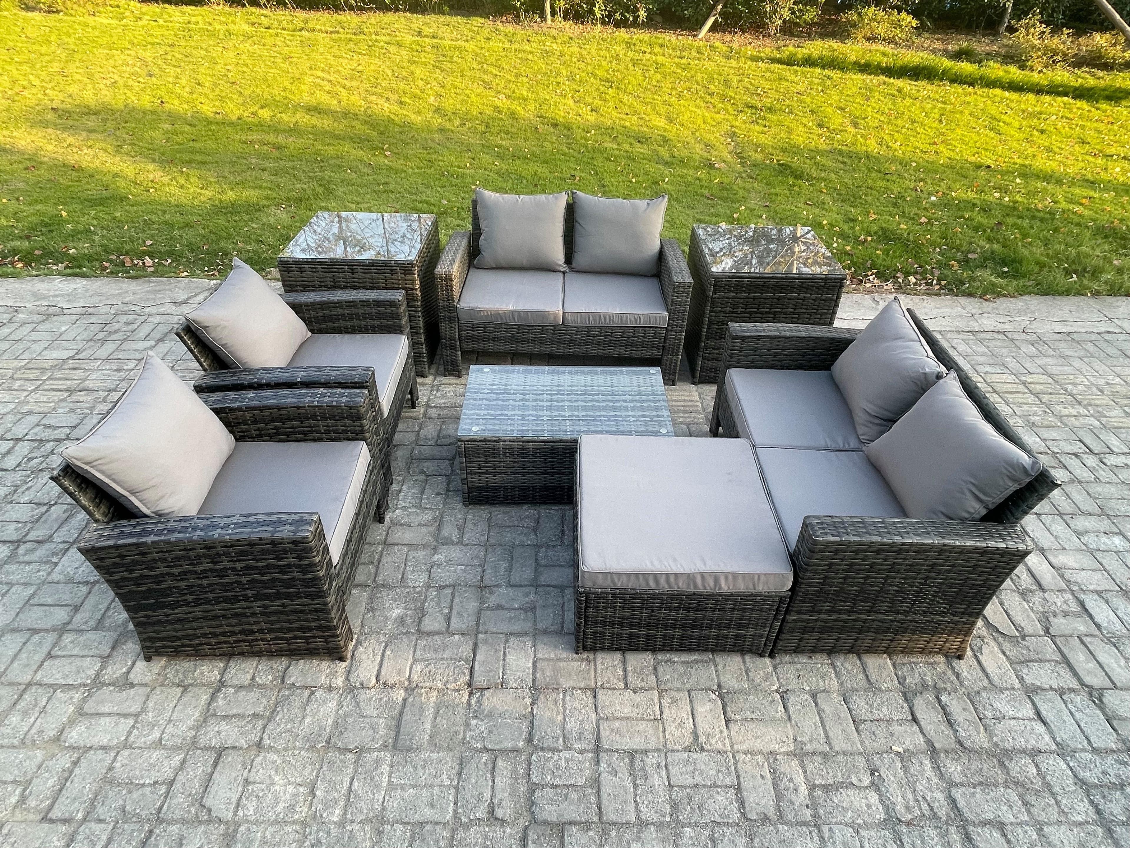 Garden Furniture Sets 8 Pieces Outdoor Rattan Furniture Manual Wicker Patio Sofa Chair Set Coffee Table 2 Side Tables