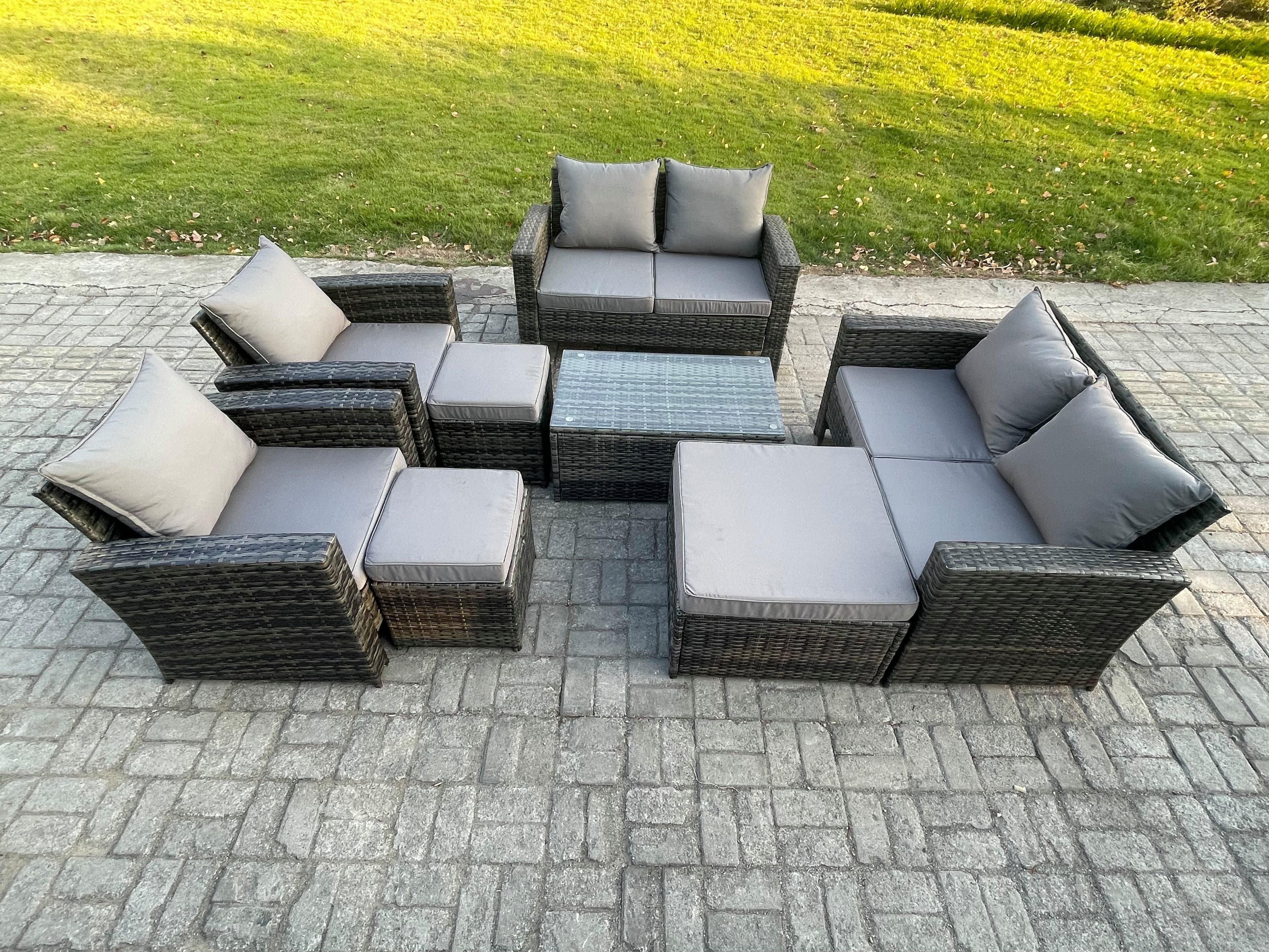 Garden Furniture Sets 8 Pieces Outdoor Rattan Furniture Manual Wicker Patio Sofa Chair Set Coffee Table 3 Footstool