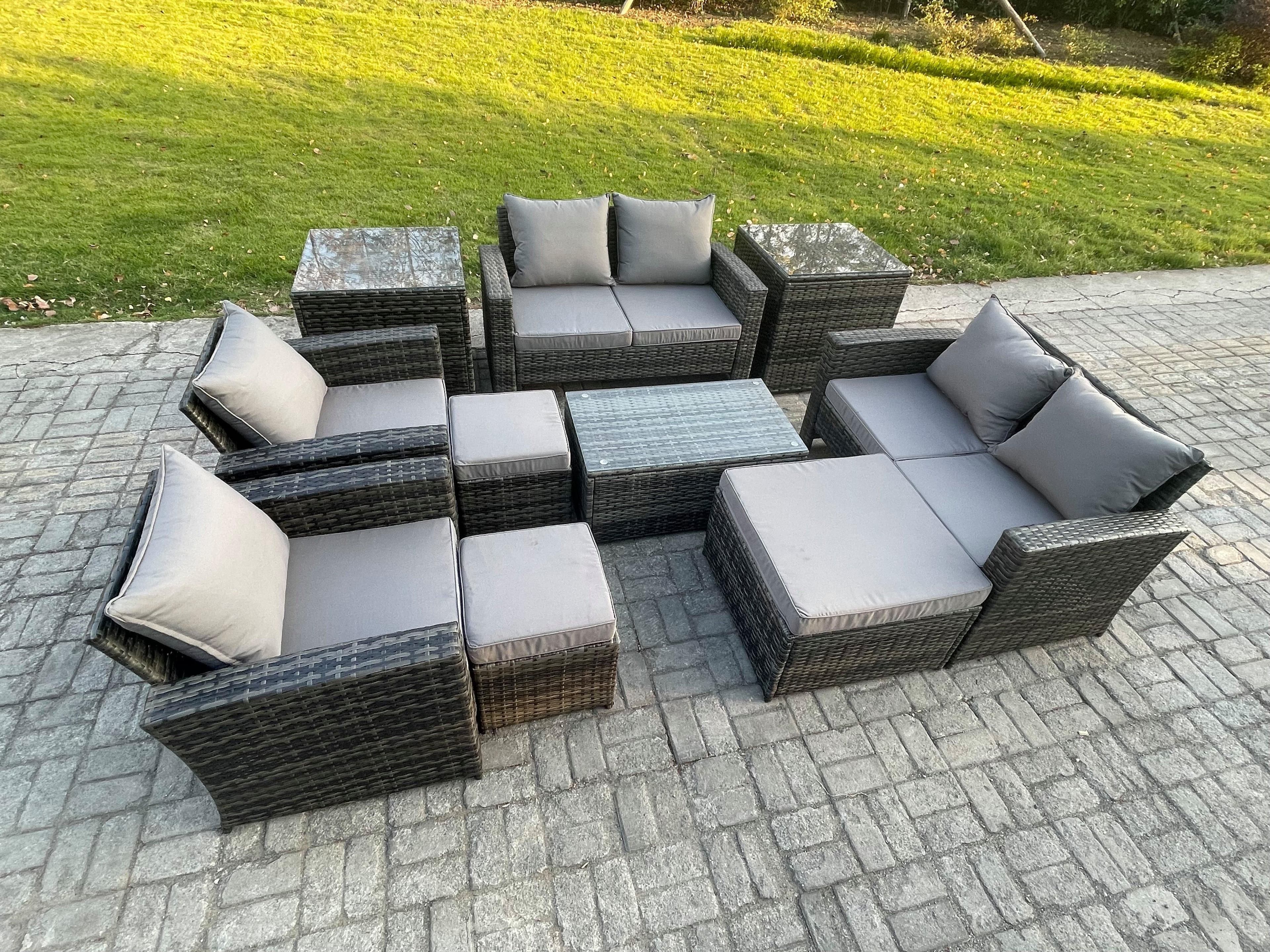 Garden Furniture Sets 10 Pieces Outdoor Rattan Furniture Manual Wicker Patio Sofa Chair Set Coffee Table 3 Footstools