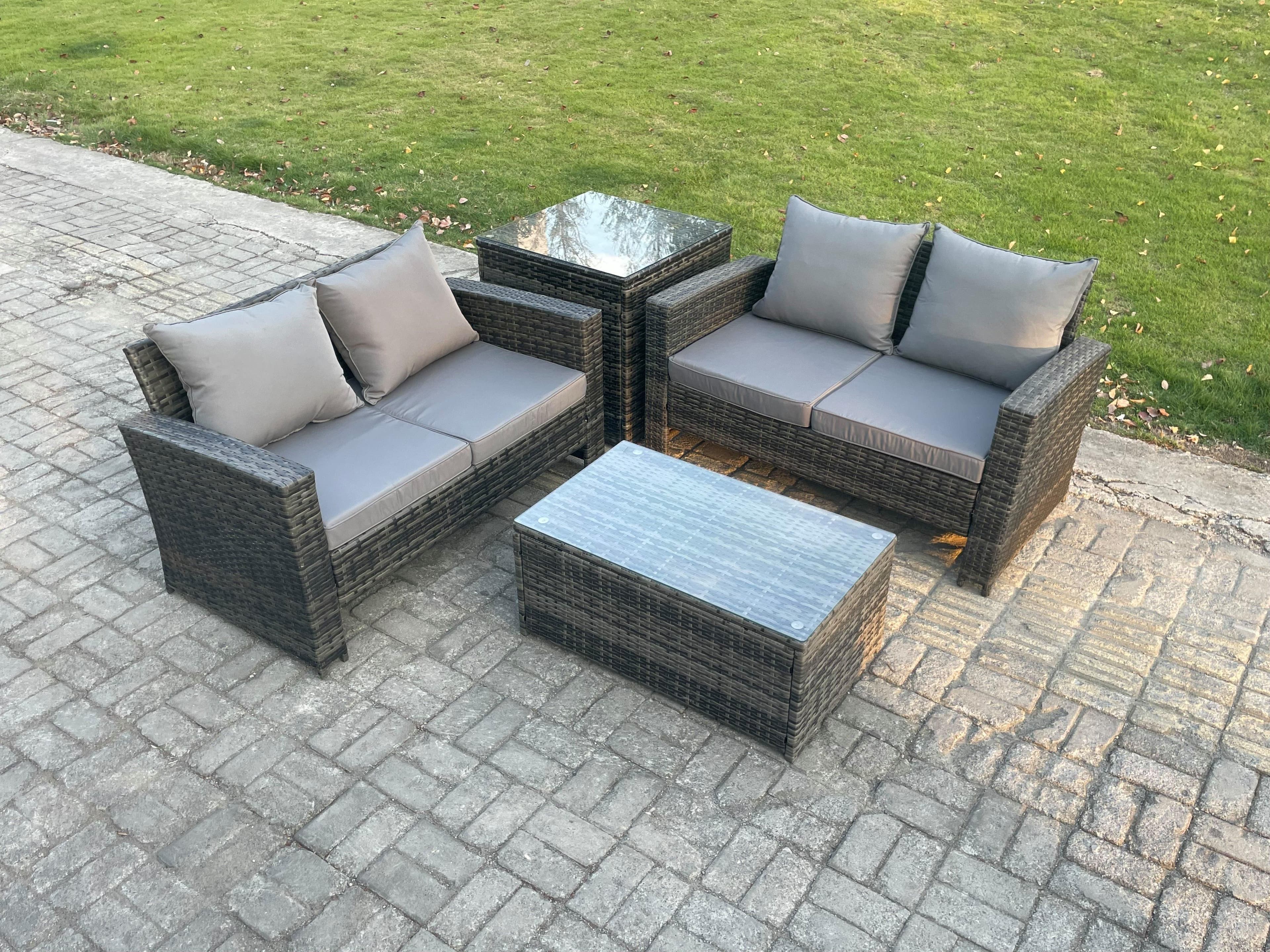 Wicker Rattan Garden Furniture Sofa Set Rectangular Coffee Table Double Seat Sofa Side Table Outdoor Rattan Set