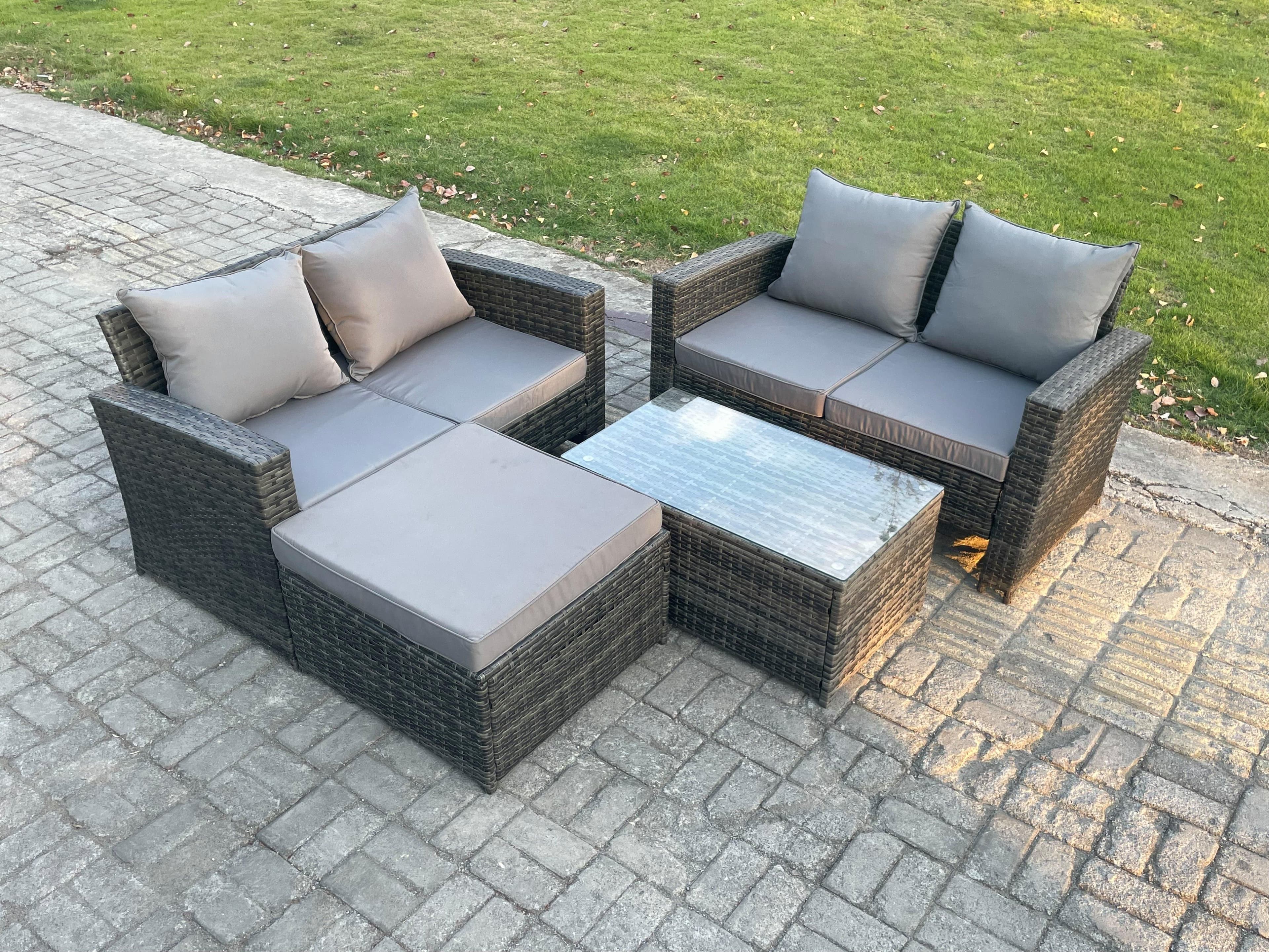 Wicker Rattan Garden Furniture Sofa Set Coffee Table Double Seat Sofa Big Footstool 5 Seater Outdoor Rattan Set
