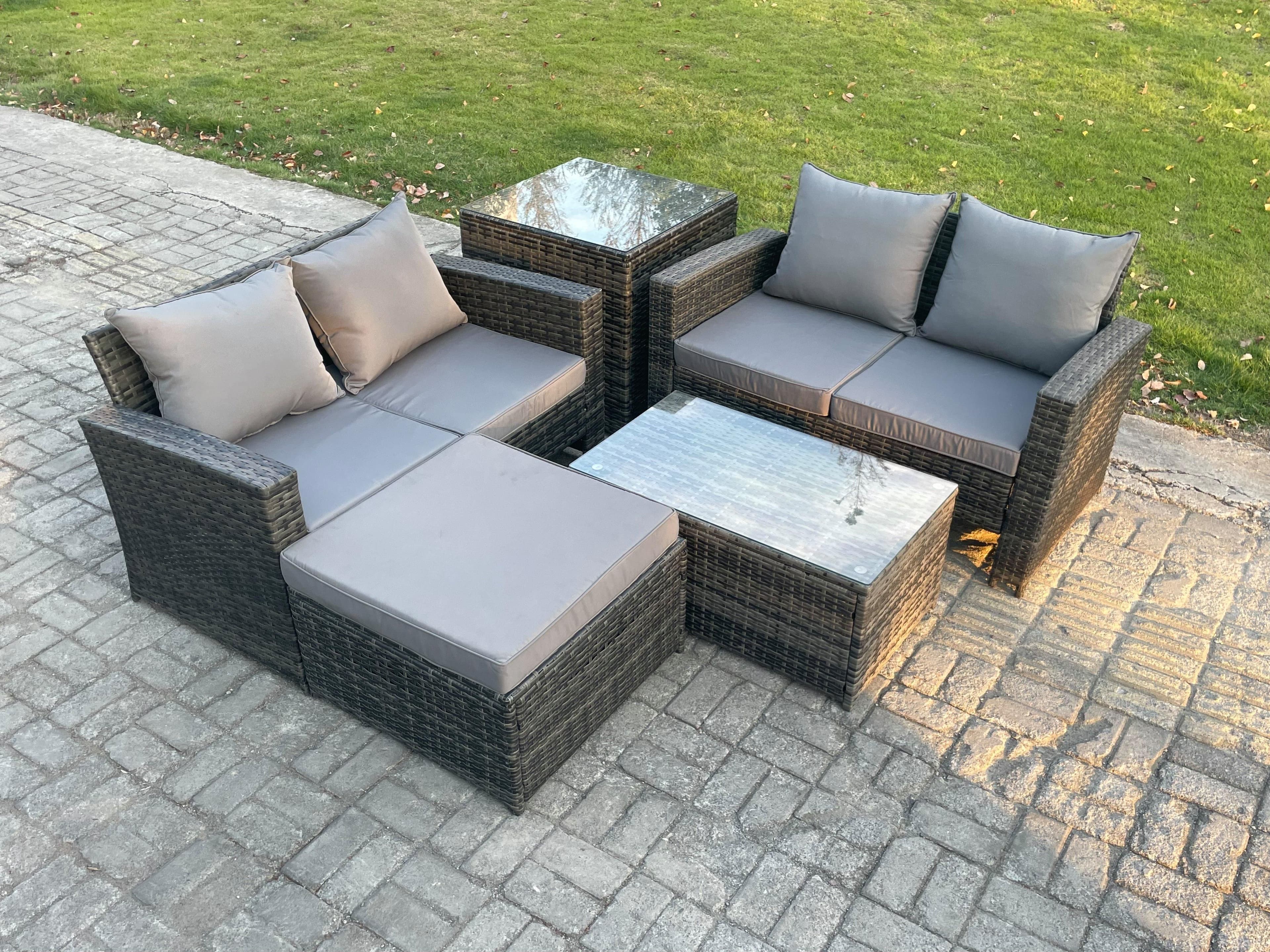 Wicker Rattan Garden Furniture Sofa Set Rectangular Coffee Table Double Seat Sofa Big Footstool Side Table 5 Seater