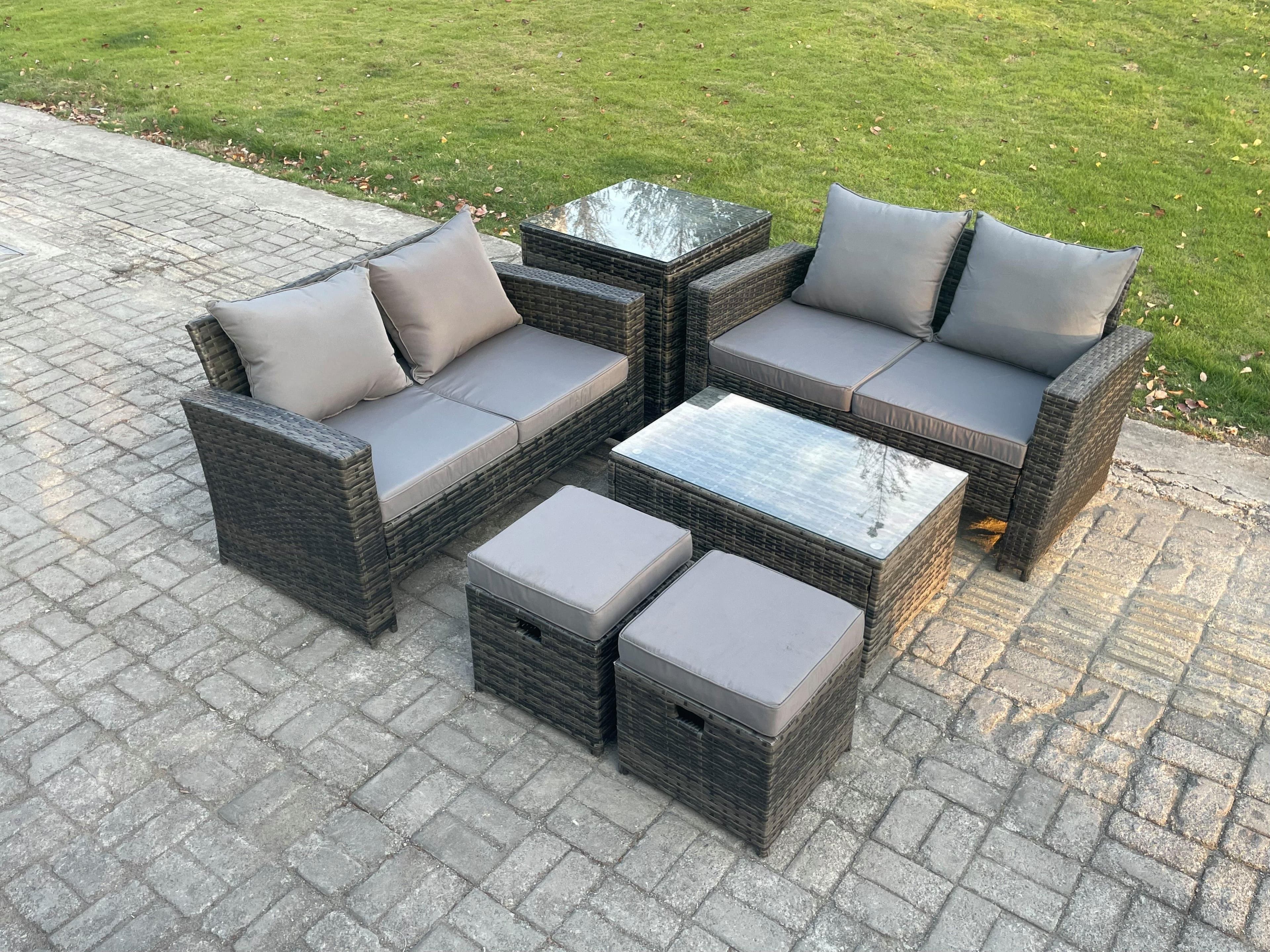 Wicker Rattan Garden Furniture Sofa Set Rectangular Coffee Table Double Seat Sofa 2 Small Footstool Side Table 6 Seater