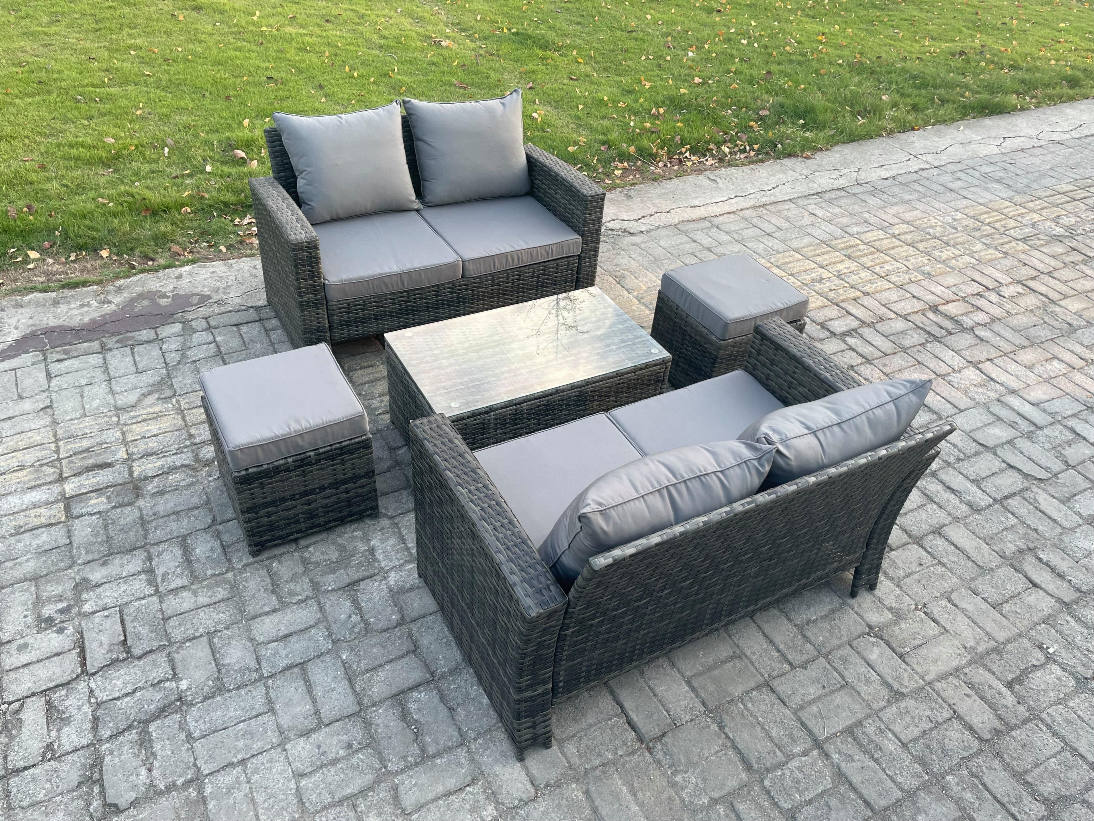 Wicker Rattan Garden Furniture Sofa Set Rectangular Coffee Table Double Seat Sofa 2 Small Footstool 6 Seater Outdoor Rattan Set
