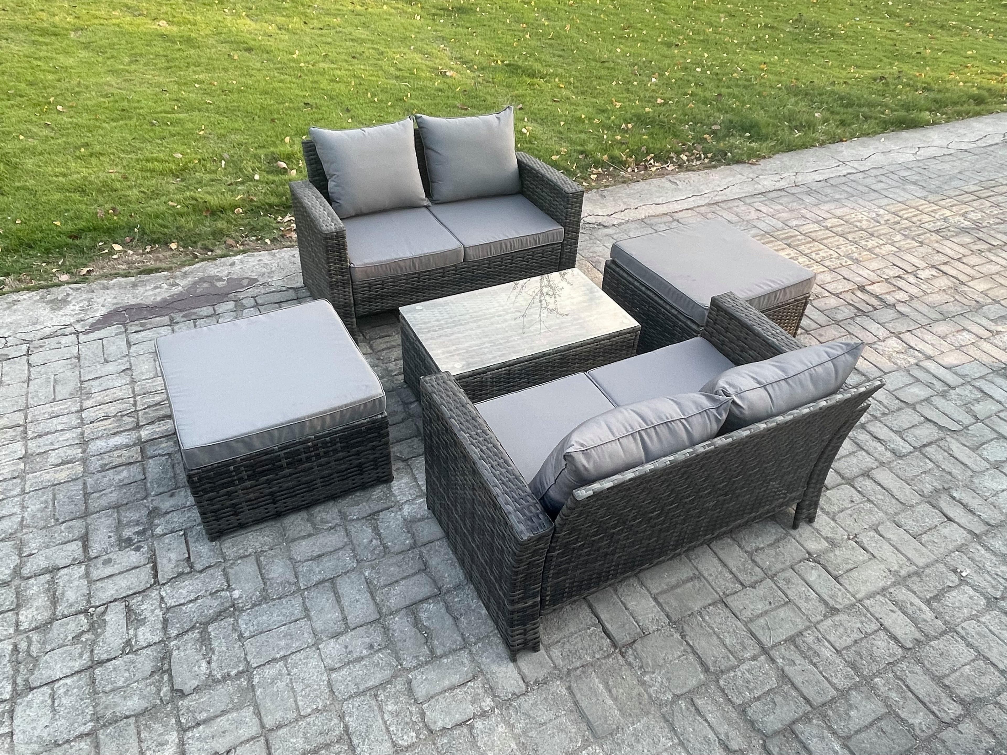 Wicker Rattan Garden Furniture Sofa Set Rectangular Coffee Table Double Seat Sofa 2 Big Footstool 6 Seater Outdoor Rattan Set