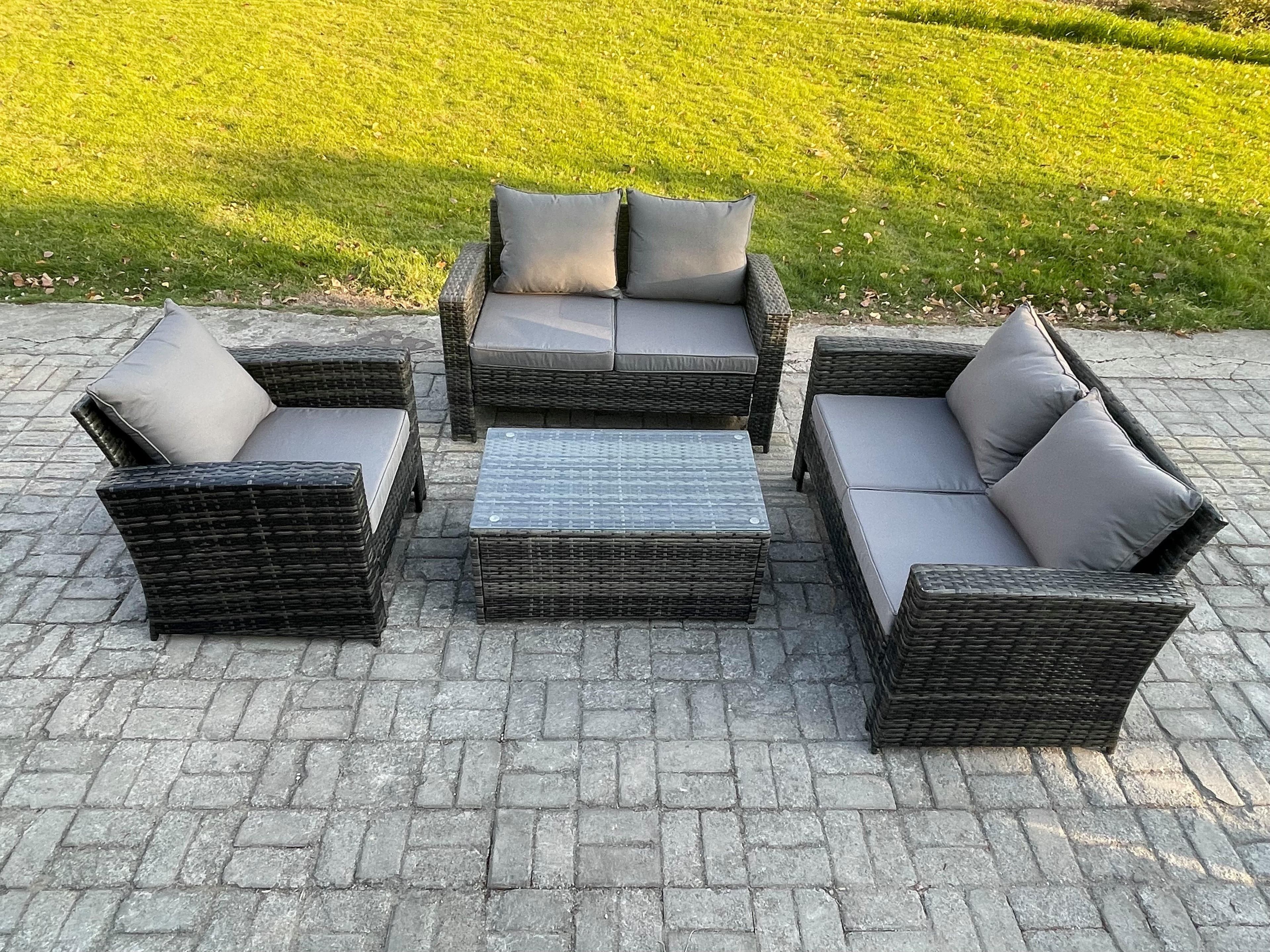 Wicker Rattan Garden Furniture Sofa Set Rectangular Coffee Table Double Seat Sofa Chair 5 Seater Outdoor Rattan Set
