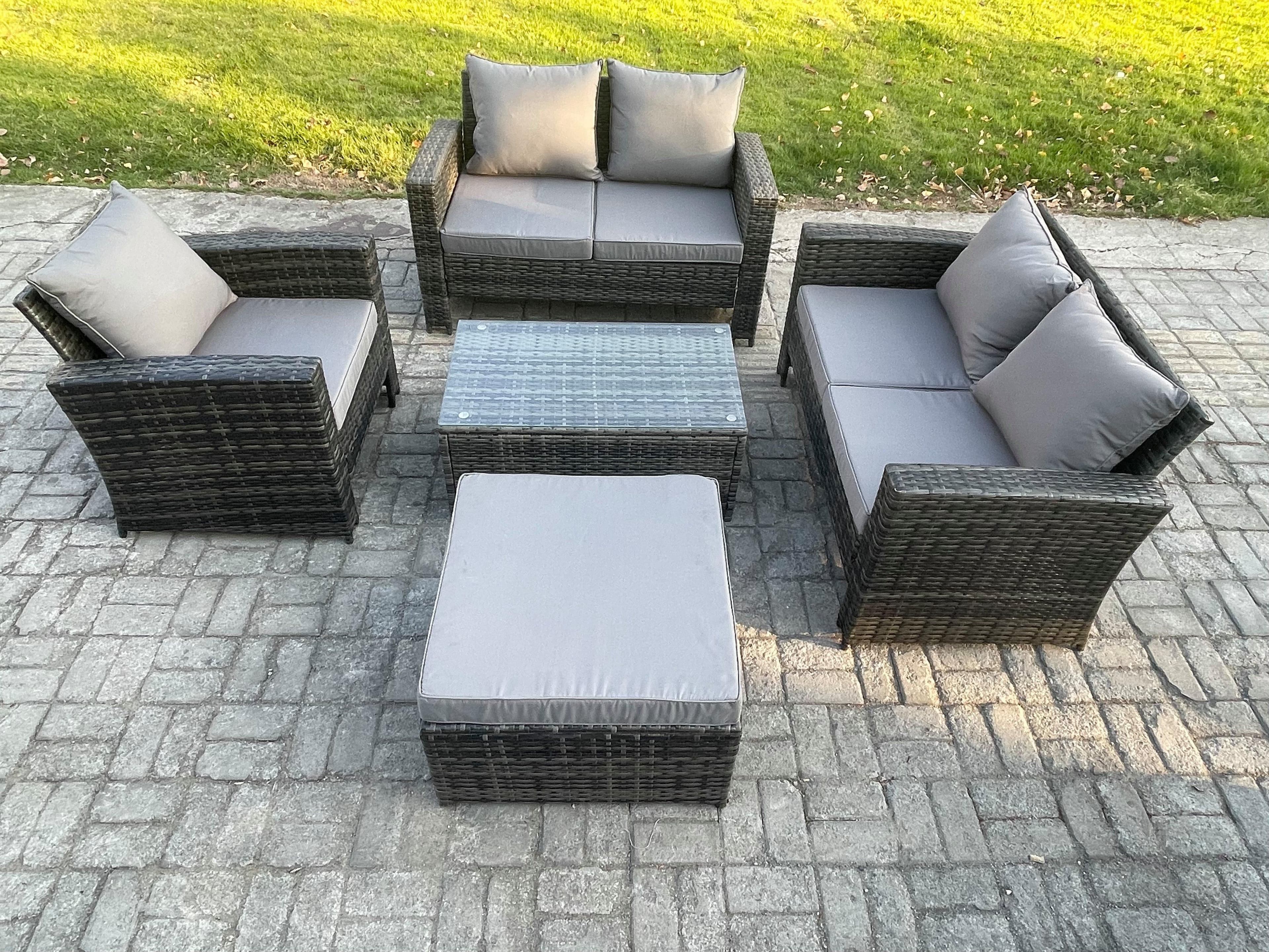 Wicker Rattan Garden Furniture Sofa Set Rectangular Coffee Table Double Seat Sofa Chair Big Footstool 6 Seater Outdoor Rattan Set