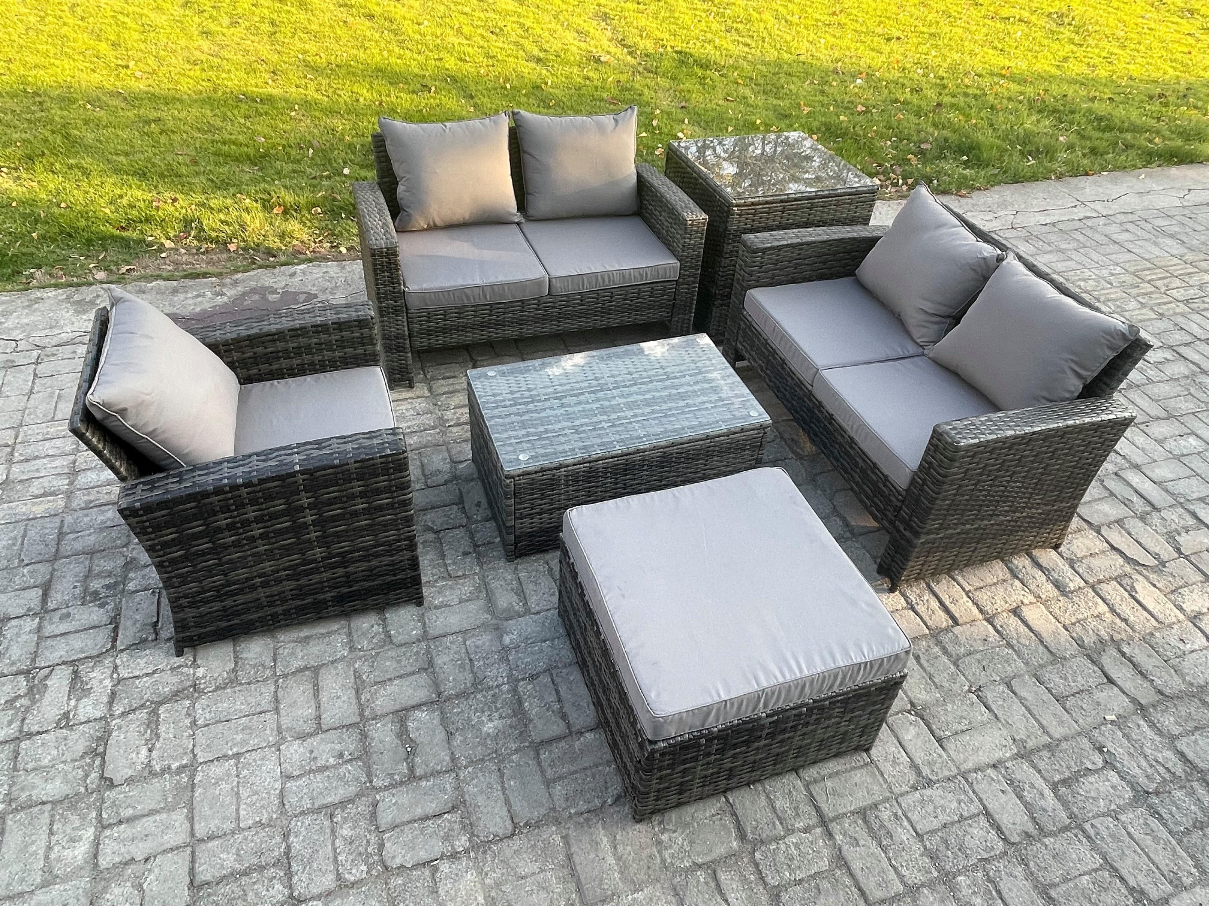 Wicker Rattan Garden Furniture Sofa Set Rectangular Coffee Table Double Seat Sofa Chair Big Footstool Side Table 6 Seater Rattan Set