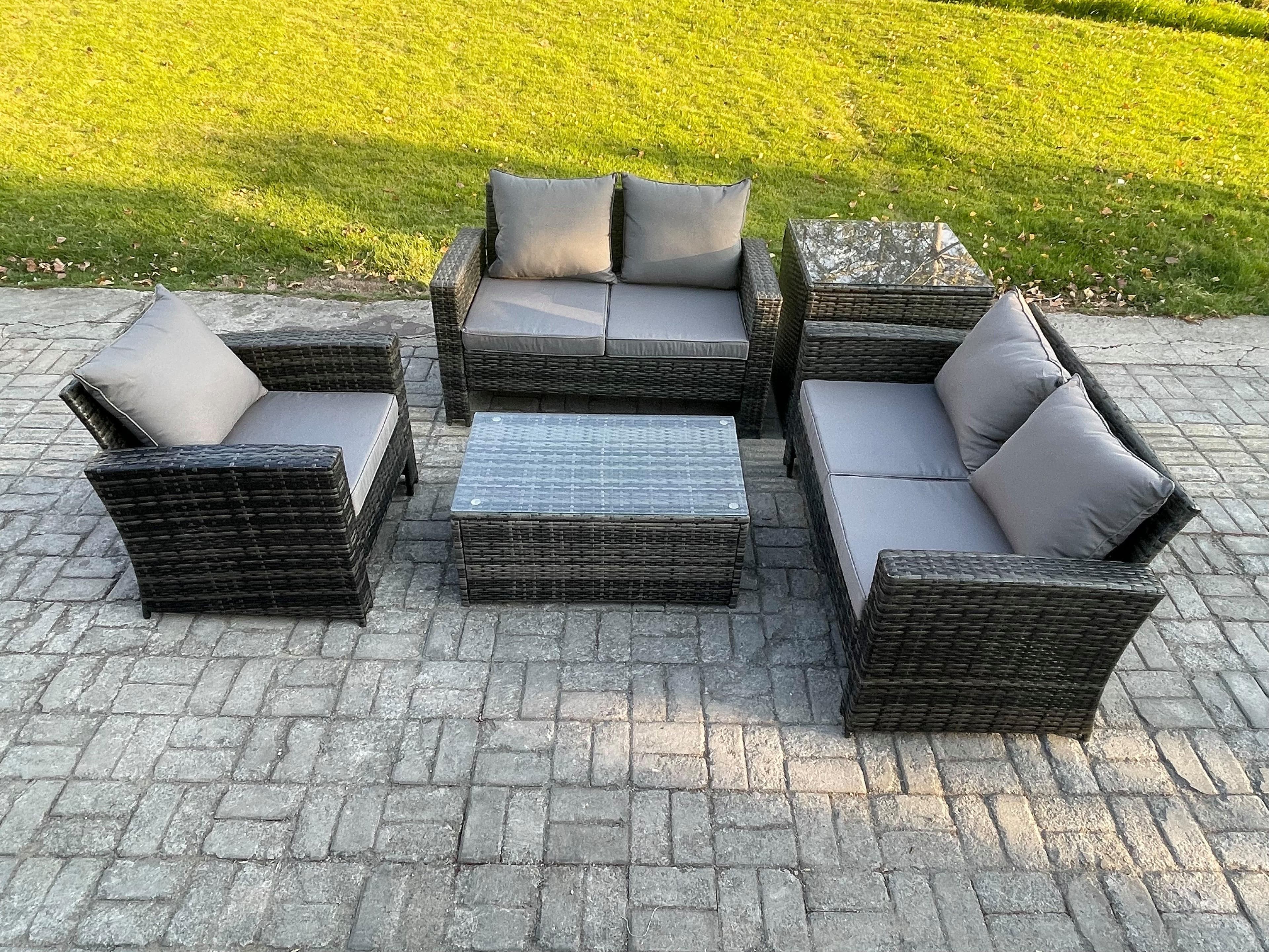 Wicker Rattan Garden Furniture Sofa Set Rectangular Coffee Table Double Seat Sofa Chair Side Table 5 Seater Outdoor Rattan Set