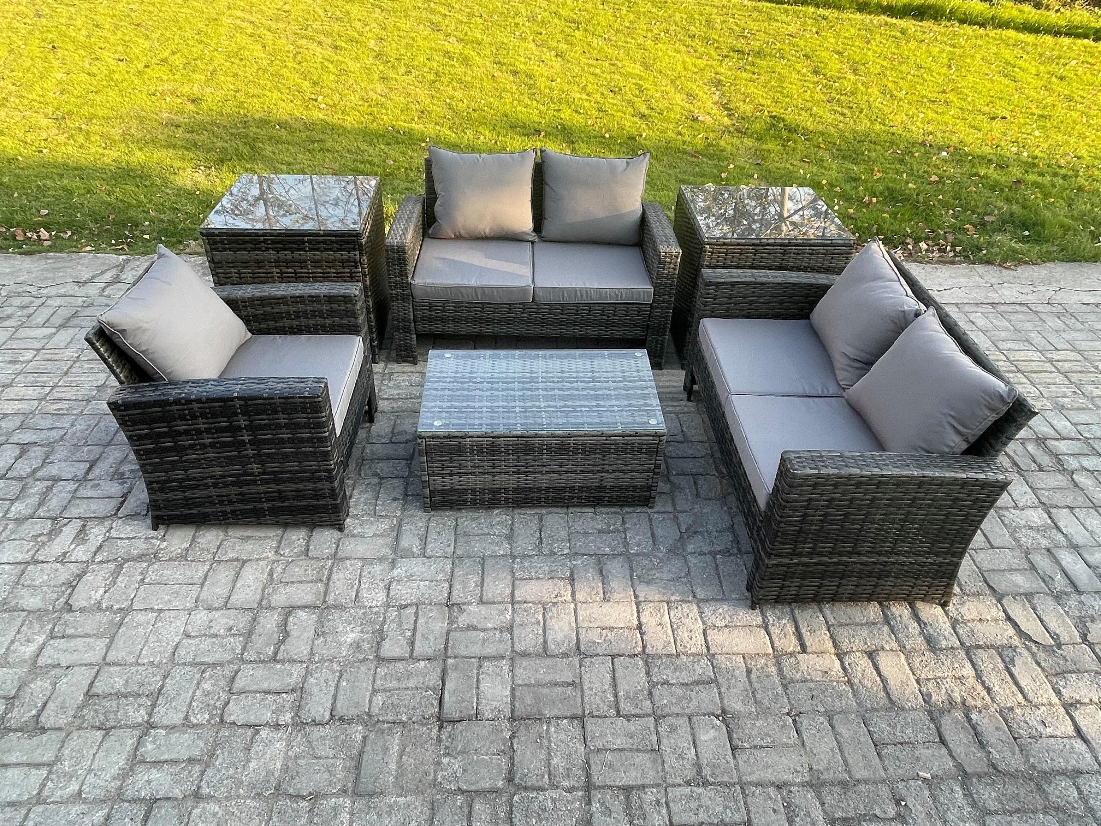 Rattan Garden Furniture Set 5 Seater Patio Outdoor Lounge Sofa Chair Set 2 Side Tables Rectangular Coffee Table Dark Grey Mixed