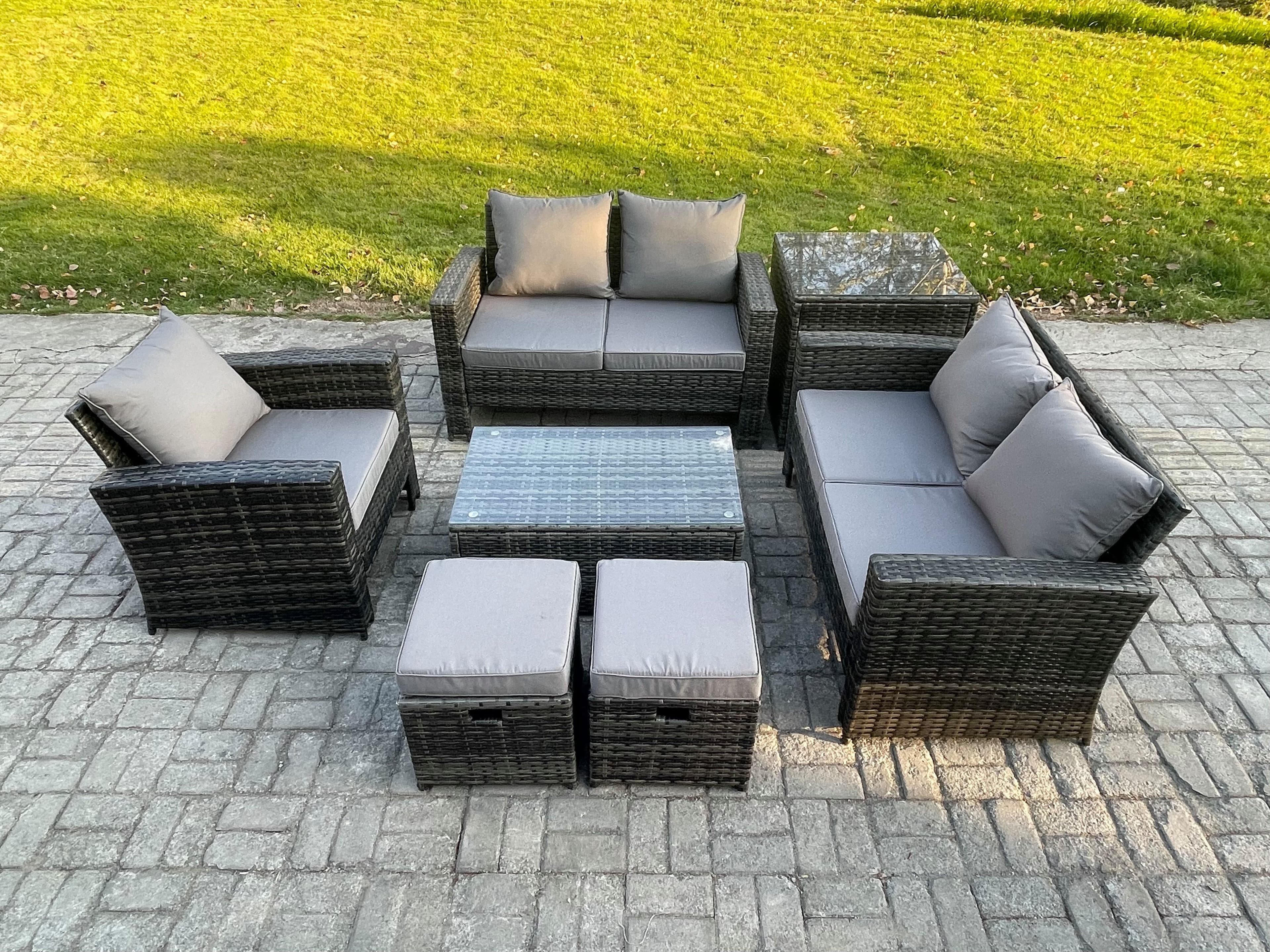 Rattan Garden Furniture Set 7 Seater Patio Outdoor Lounge Sofa Chair Set Side Table Rectangular Coffee Table 2 Small Footstools
