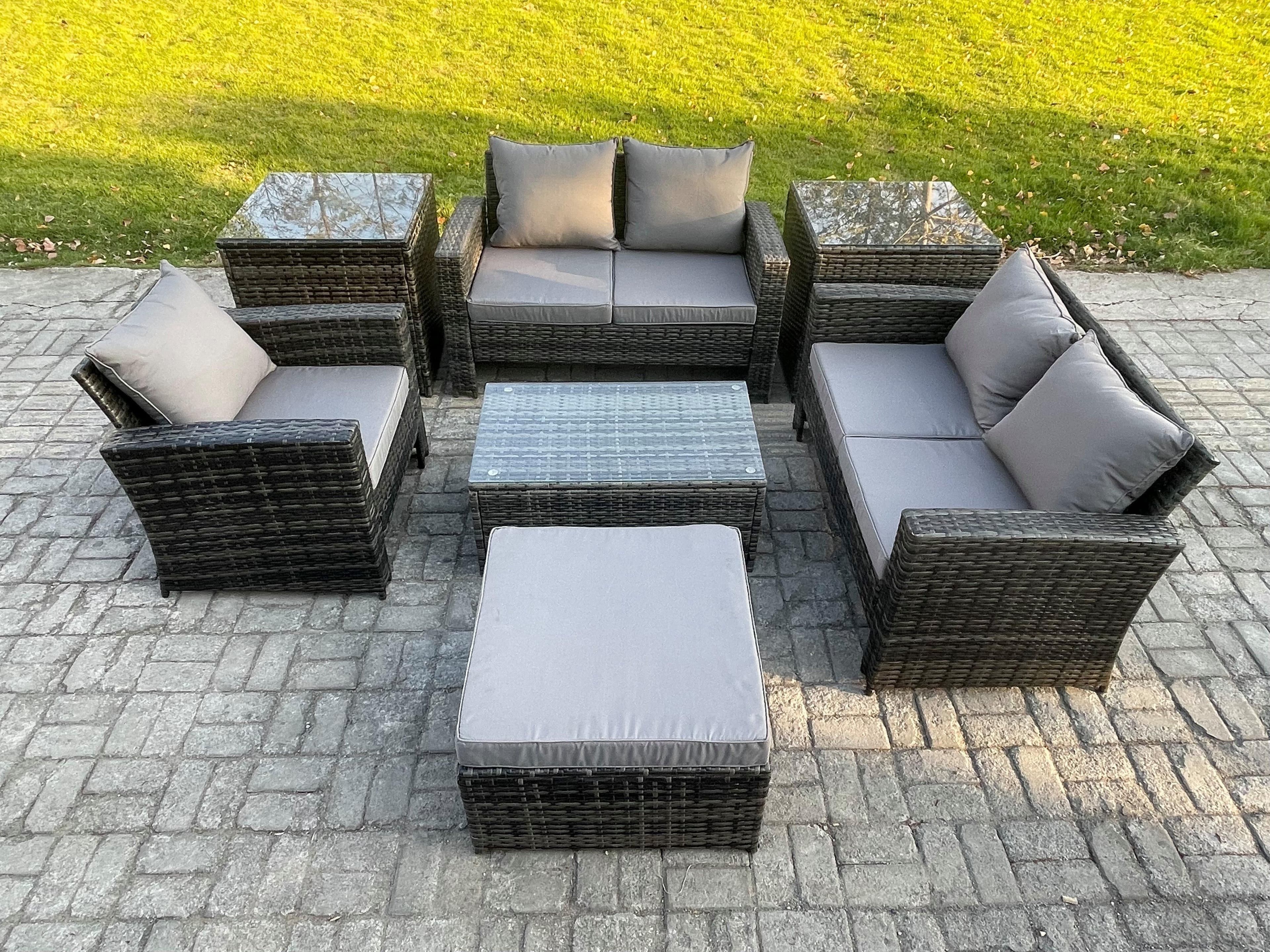 Rattan Garden Furniture Set 6 Seater Patio Outdoor Lounge Sofa Chair Set 2 Side Tables Rectangular Coffee Table Big Footstool