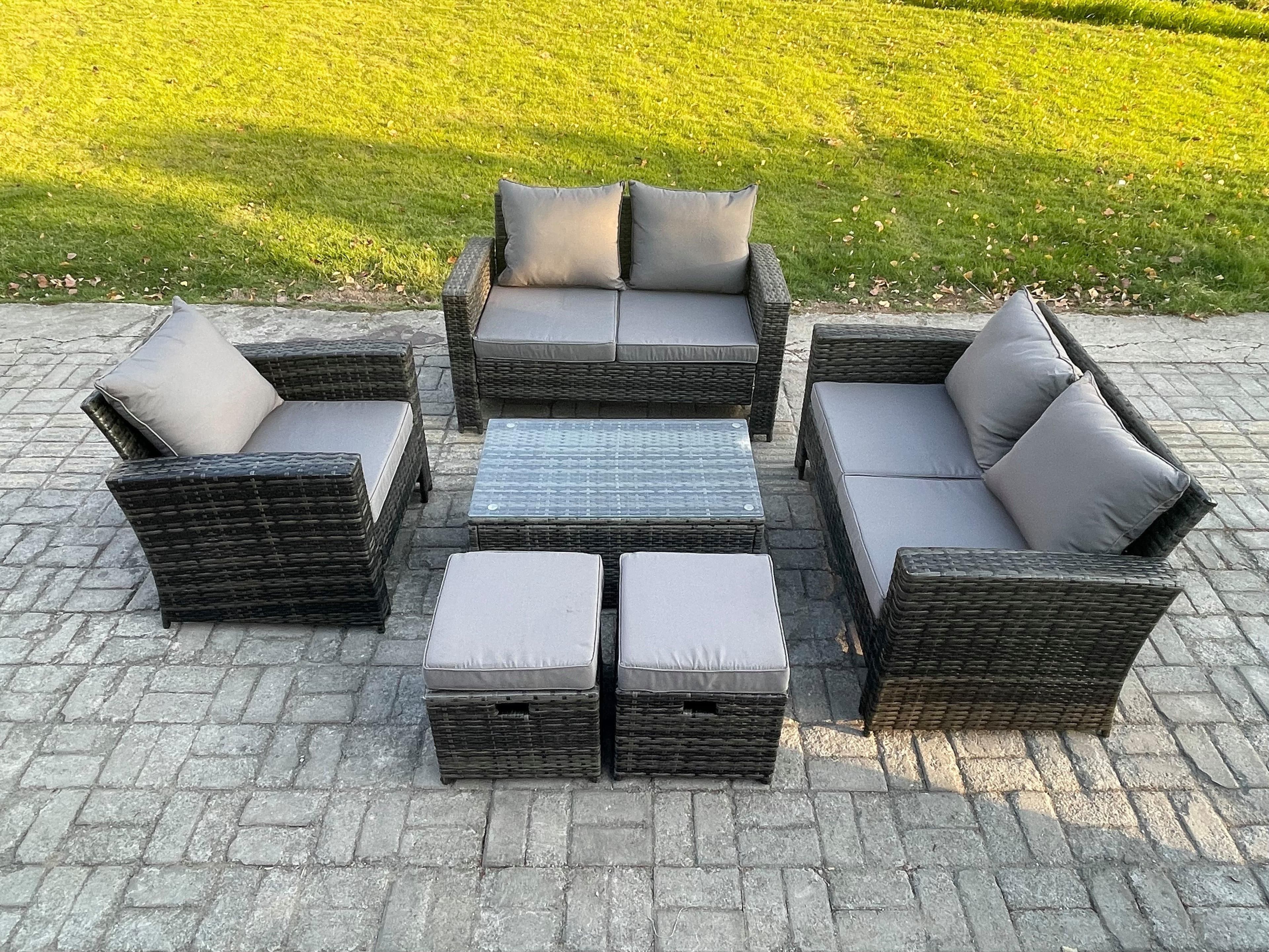 Rattan Garden Furniture Set 7 Seater Patio Outdoor Lounge Sofa Chair Set Rectangular Coffee Table 2 Small Footstools