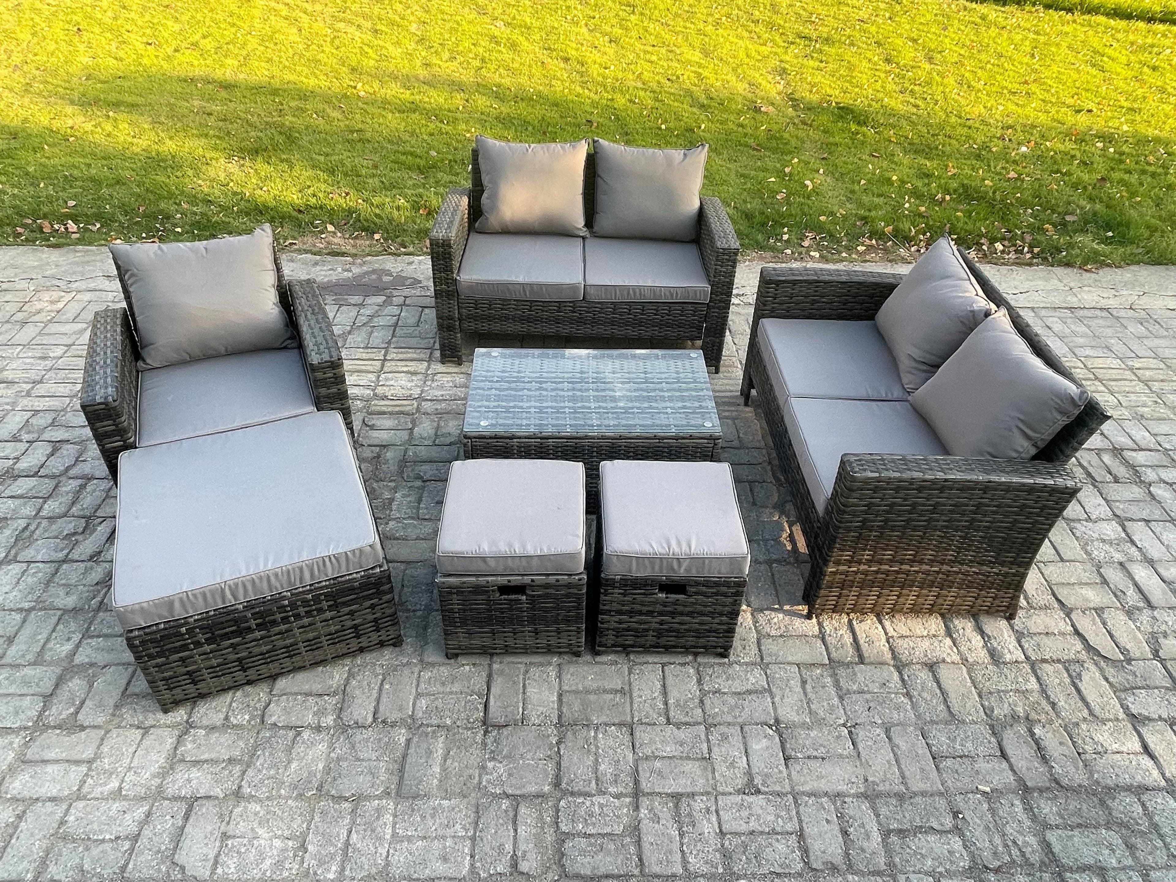 Rattan Garden Furniture Set 8 Seater Patio Outdoor Lounge Sofa Chair Set Rectangular Coffee Table 3 Footstools