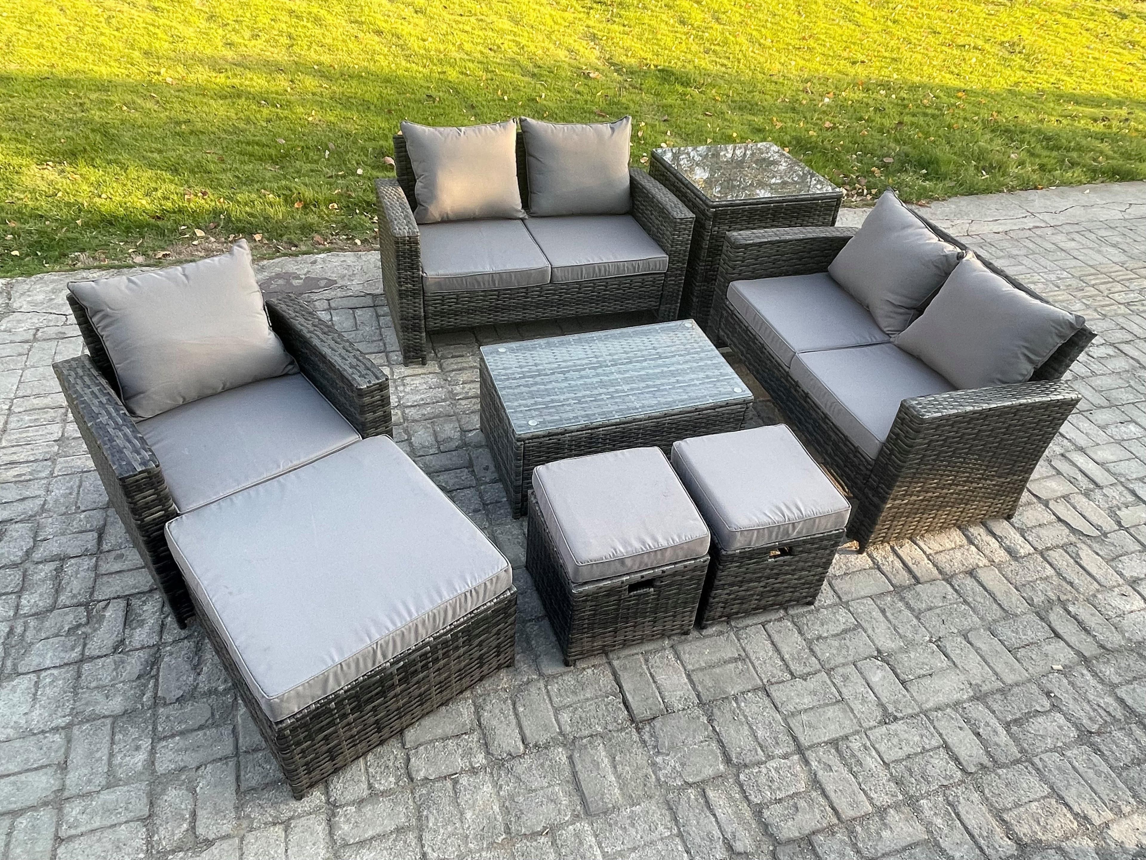 Rattan Garden Furniture Set 8 Seater Patio Outdoor Lounge Sofa Chair Set Rectangular Coffee Table 3 Footstools Side Table
