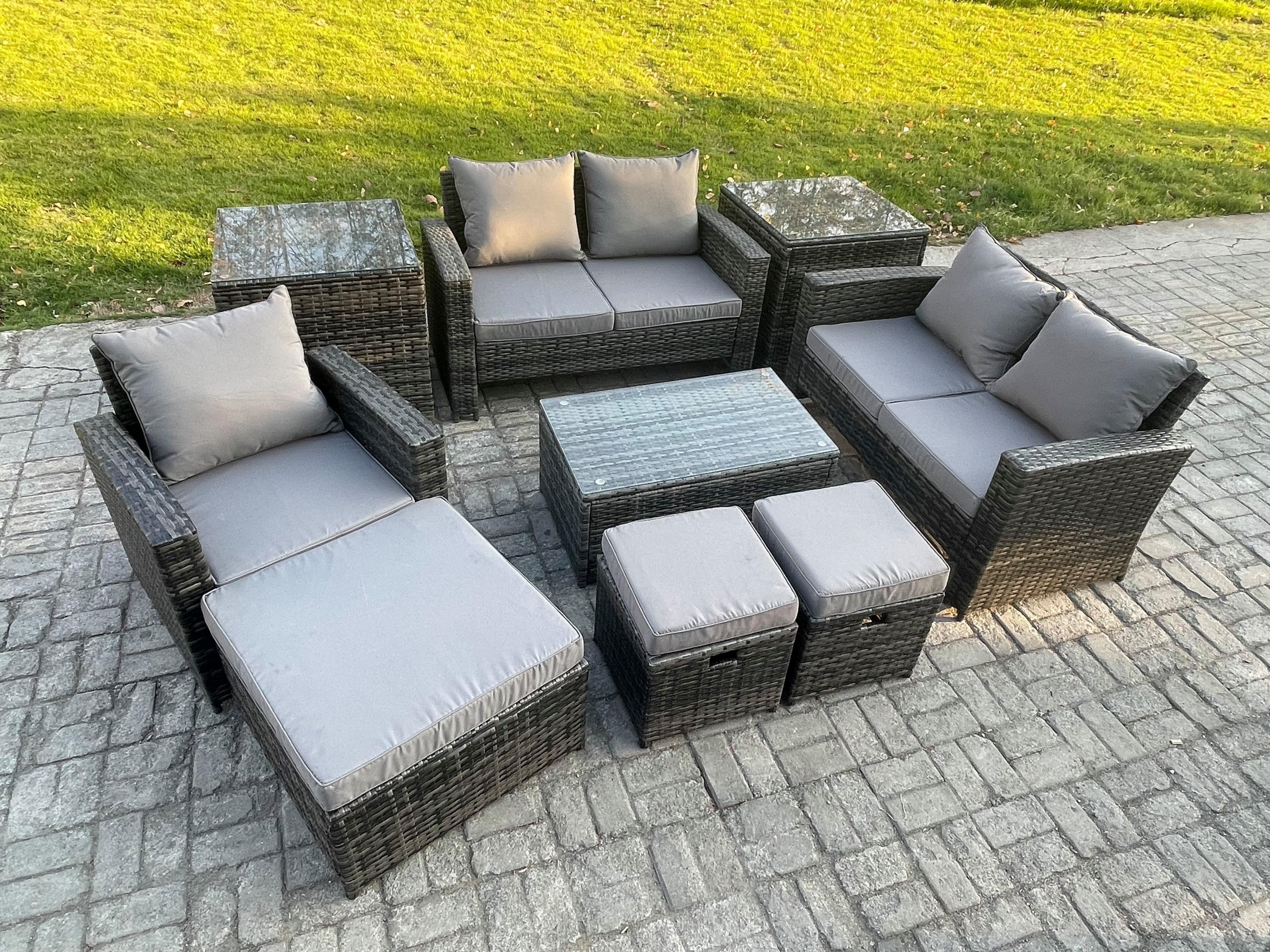 Rattan Garden Furniture Set 8 Seater Patio Outdoor Lounge Sofa Chair Set Rectangular Coffee Table 3 Footstools 2 Side Tables