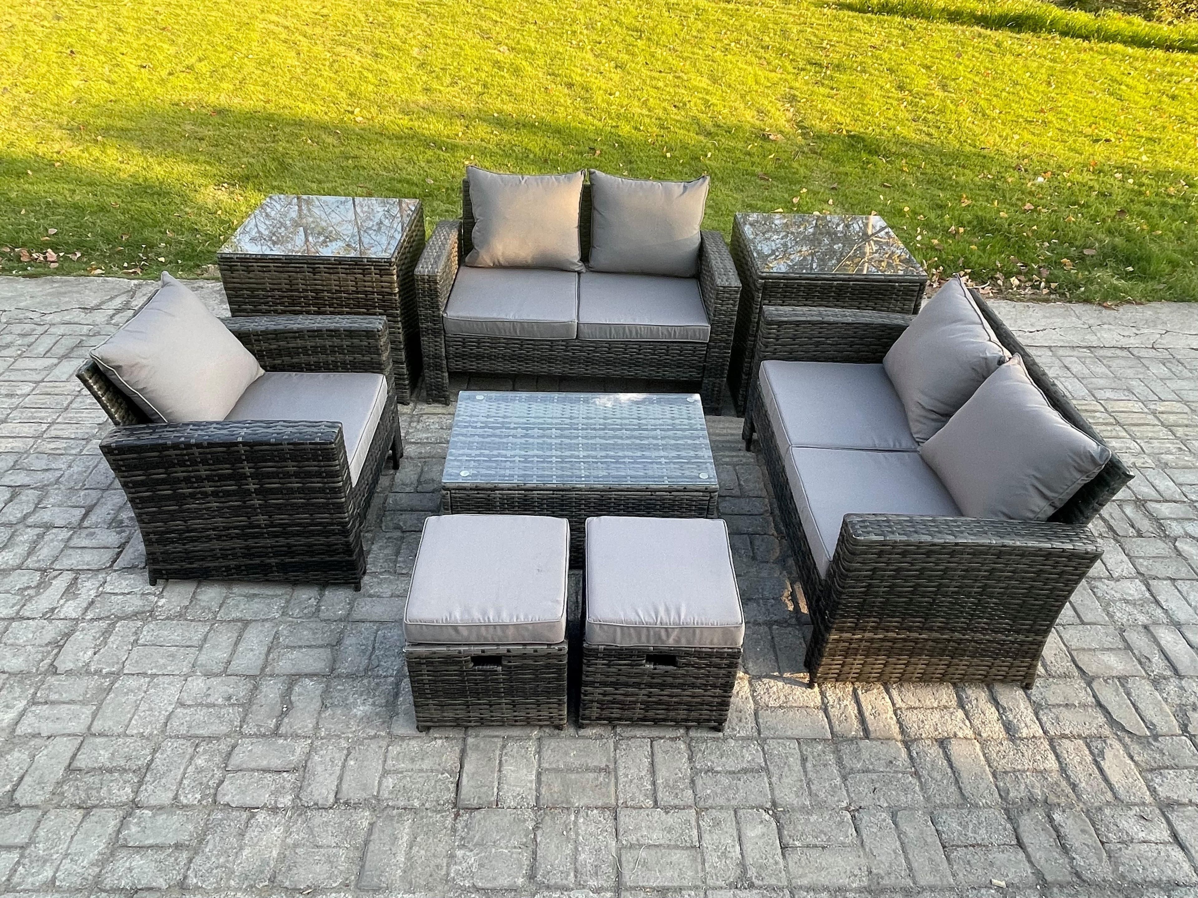 Rattan Garden Furniture Set 7 Seater Patio Outdoor Lounge Sofa Chair Set Rectangular Coffee Table 2 Small Footstools 2 Side Tables