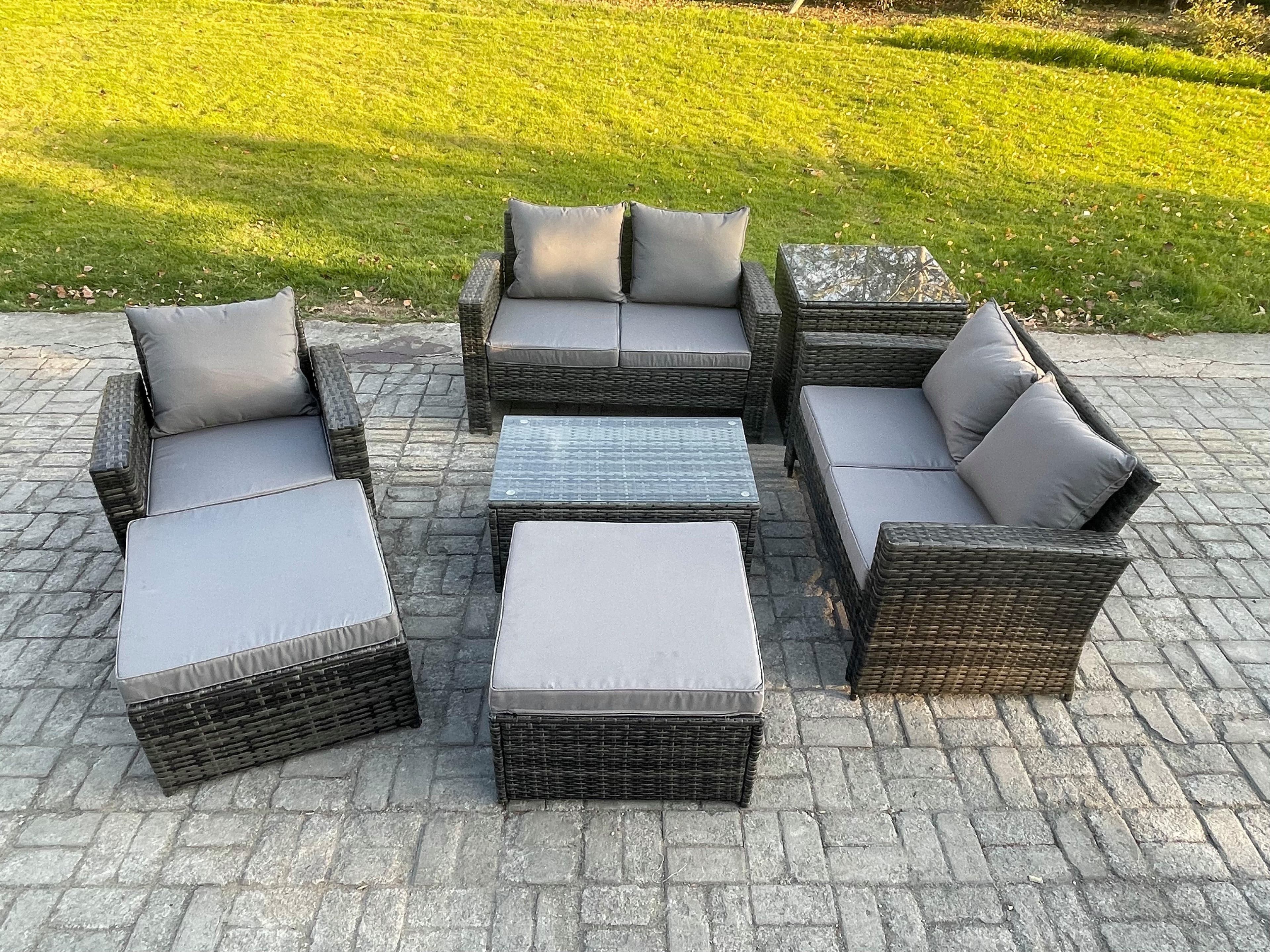 Rattan Garden Furniture Set 7 Seater Patio Outdoor Lounge Sofa Chair Set Rectangular Coffee Table 2 Big Footstool Side Table